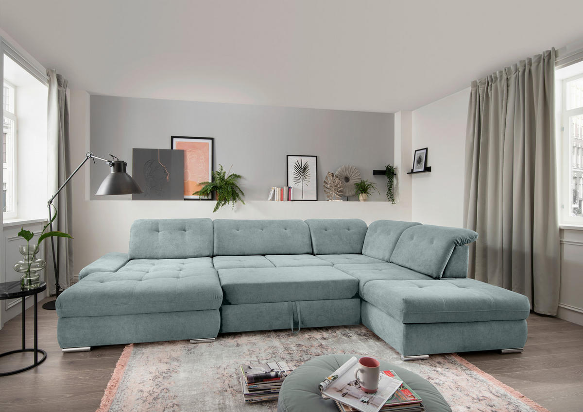 WOHNLANDSCHAFT in Chenille Blau  - Chromfarben/Blau, Design, Textil/Metall (195/376/254cm) - Livetastic