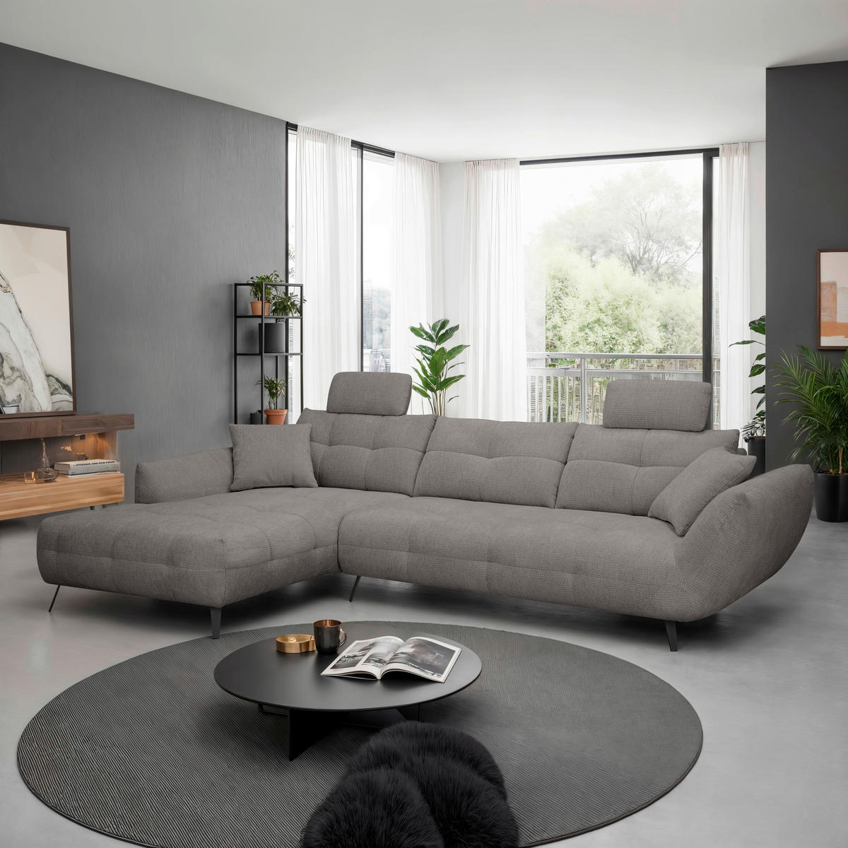 ECKSOFA Graubraun Chenille Armlehnenkissen, Rücken echt, Sitztiefenverstellung  - Graubraun/Schwarz, KONVENTIONELL, Textil/Metall (215/313cm) - Hom`in