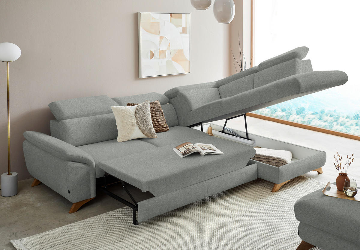 ECKSOFA in Chenille Silberfarben  - Eichefarben/Silberfarben, Modern, Holz/Textil (287/212cm) - Valnatura