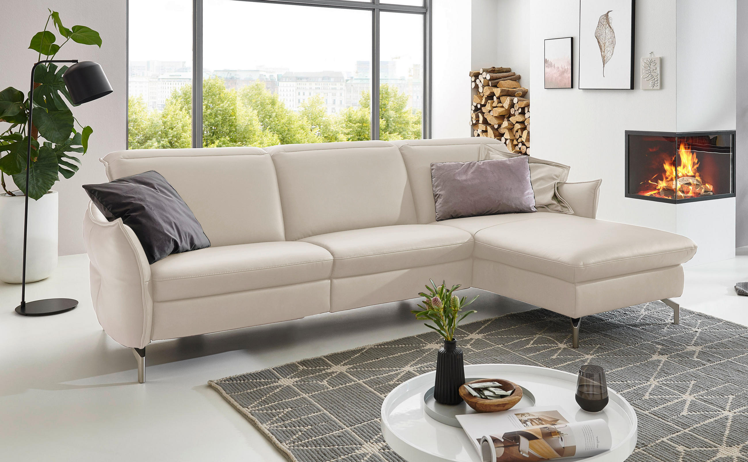 ECKSOFA Weiß Echtleder  - Weiß/Nickelfarben, MODERN, Leder/Metall (263/179cm) - Livetastic