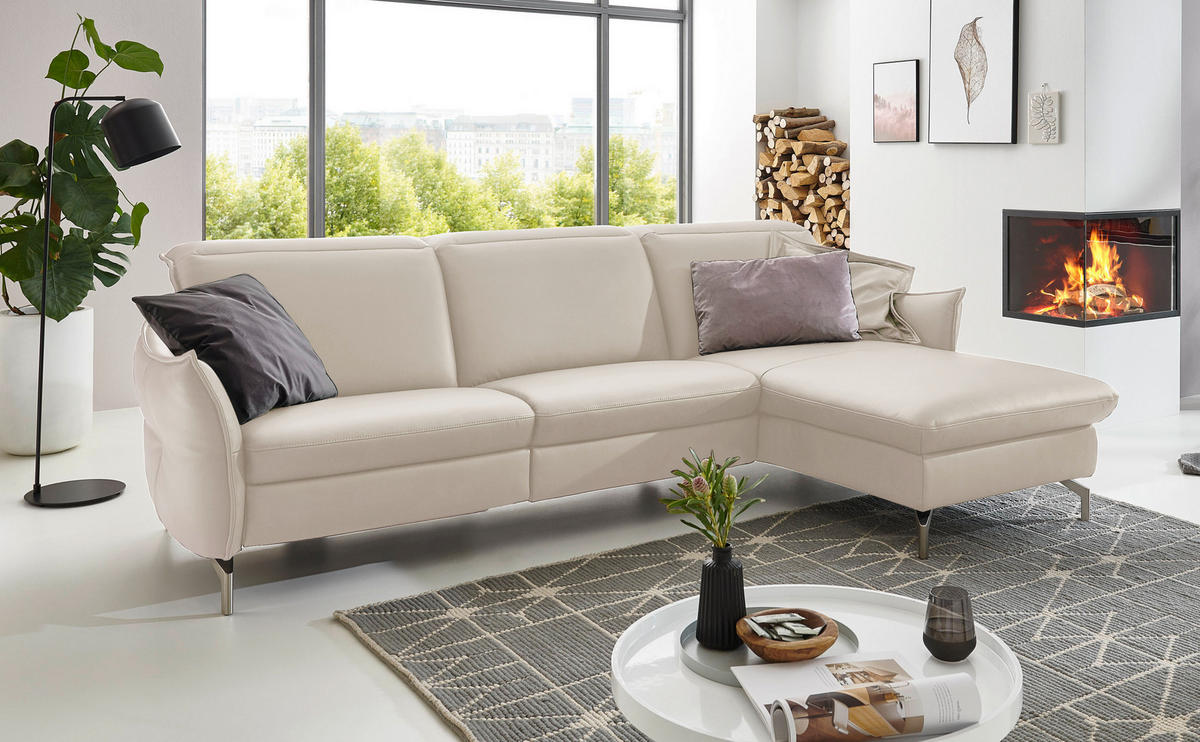 ECKSOFA Weiß Echtleder  - Weiß/Nickelfarben, MODERN, Leder/Metall (233/179cm) - Livetastic