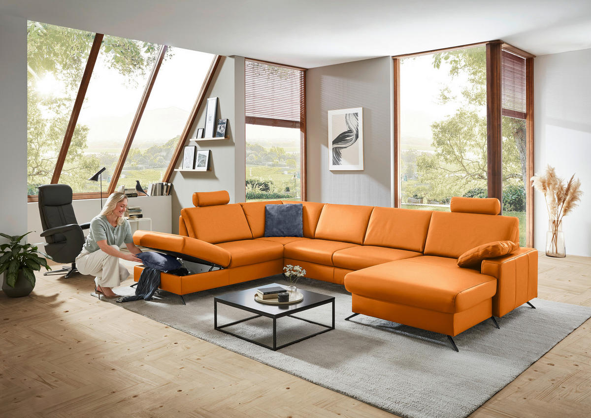 WOHNLANDSCHAFT in Echtleder Orange  - Schwarz/Orange, Design, Leder/Metall (233/339/165cm) - Beldomo Premium