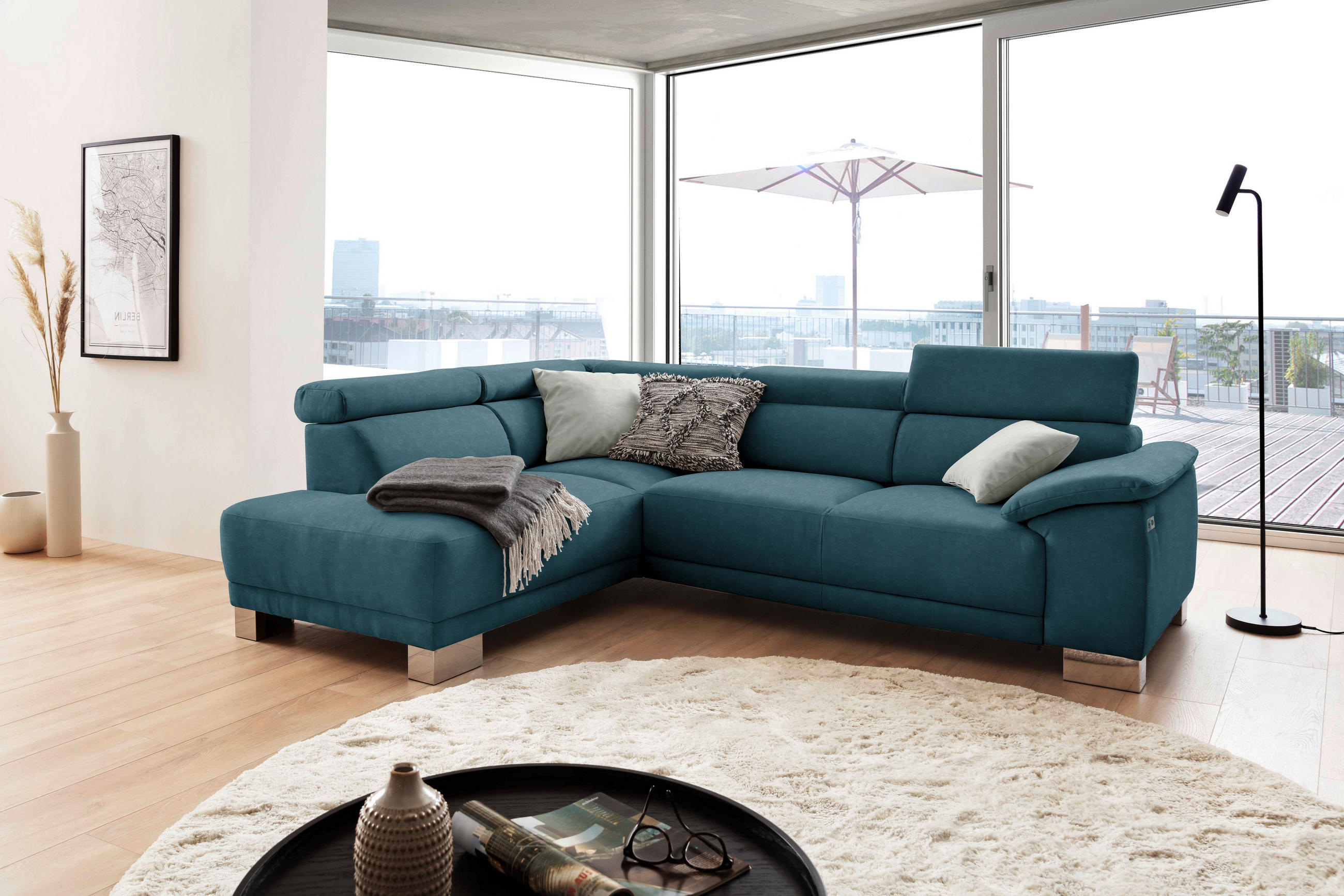 ECKSOFA in Mikrofaser Petrol  - Chromfarben/Petrol, Design, Holz/Textil (205/270cm) - Pure Home Lifestyle