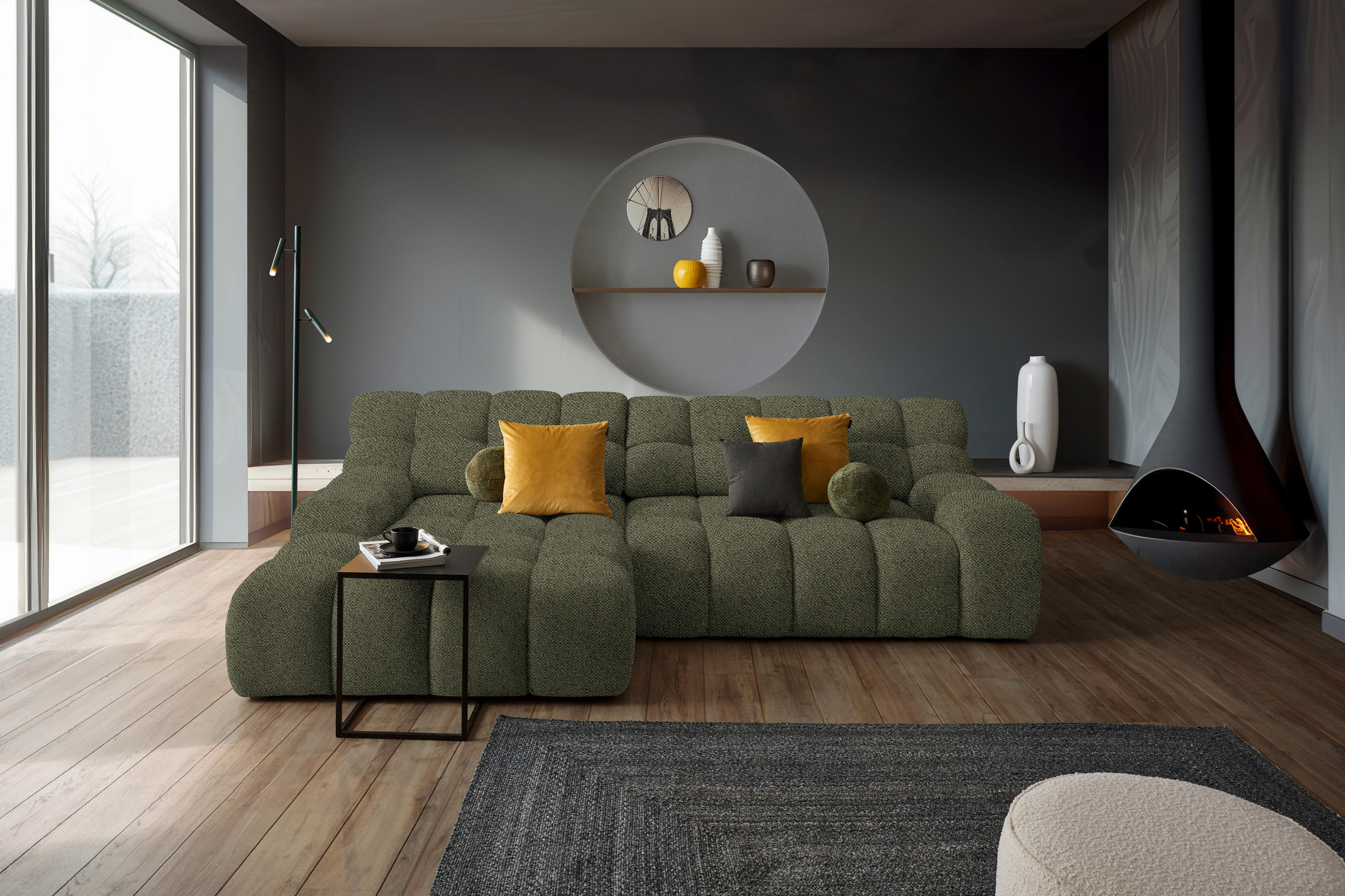 ECKSOFA  in Webstoff Olivgrün  180/297 cm  - Schwarz/Olivgrün, MODERN, Kunststoff/Textil (180/297cm) - Welnova