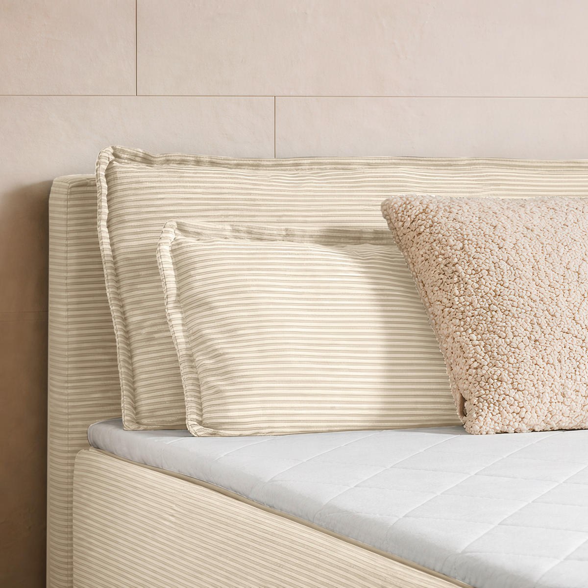 BOXBETT 120/200 cm,  in Beige, Kissen, Bettkasten, Topper, H3 = fest  - Beige/Schwarz, Design, Kunststoff/Textil (120/200cm) - Chameo