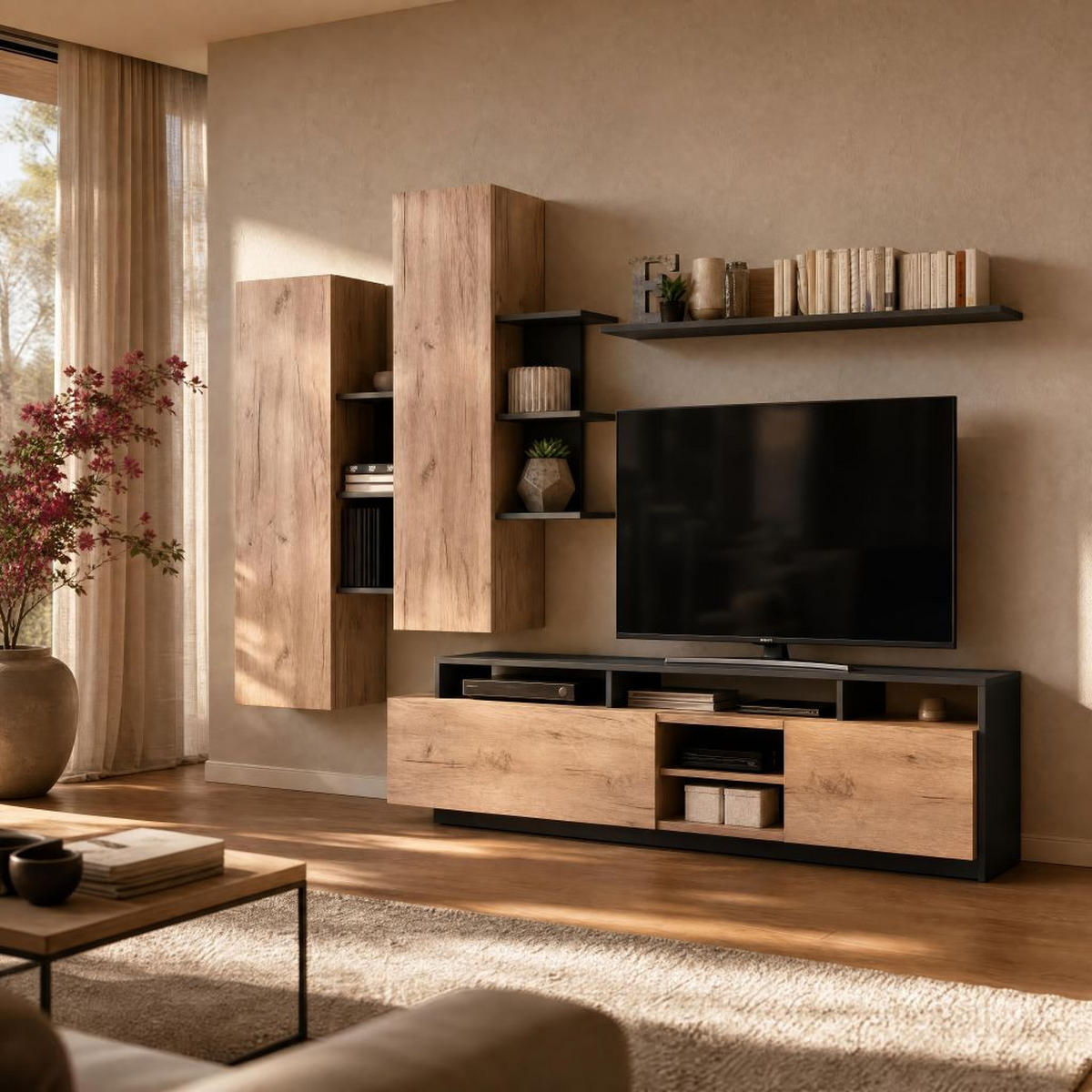 REGAL ZA DNEVNI BORAVAK antracit, hrast Artisan   - hrast Artisan/antracit, Design, drvni materijal (270/180/44cm) - Ti'me
