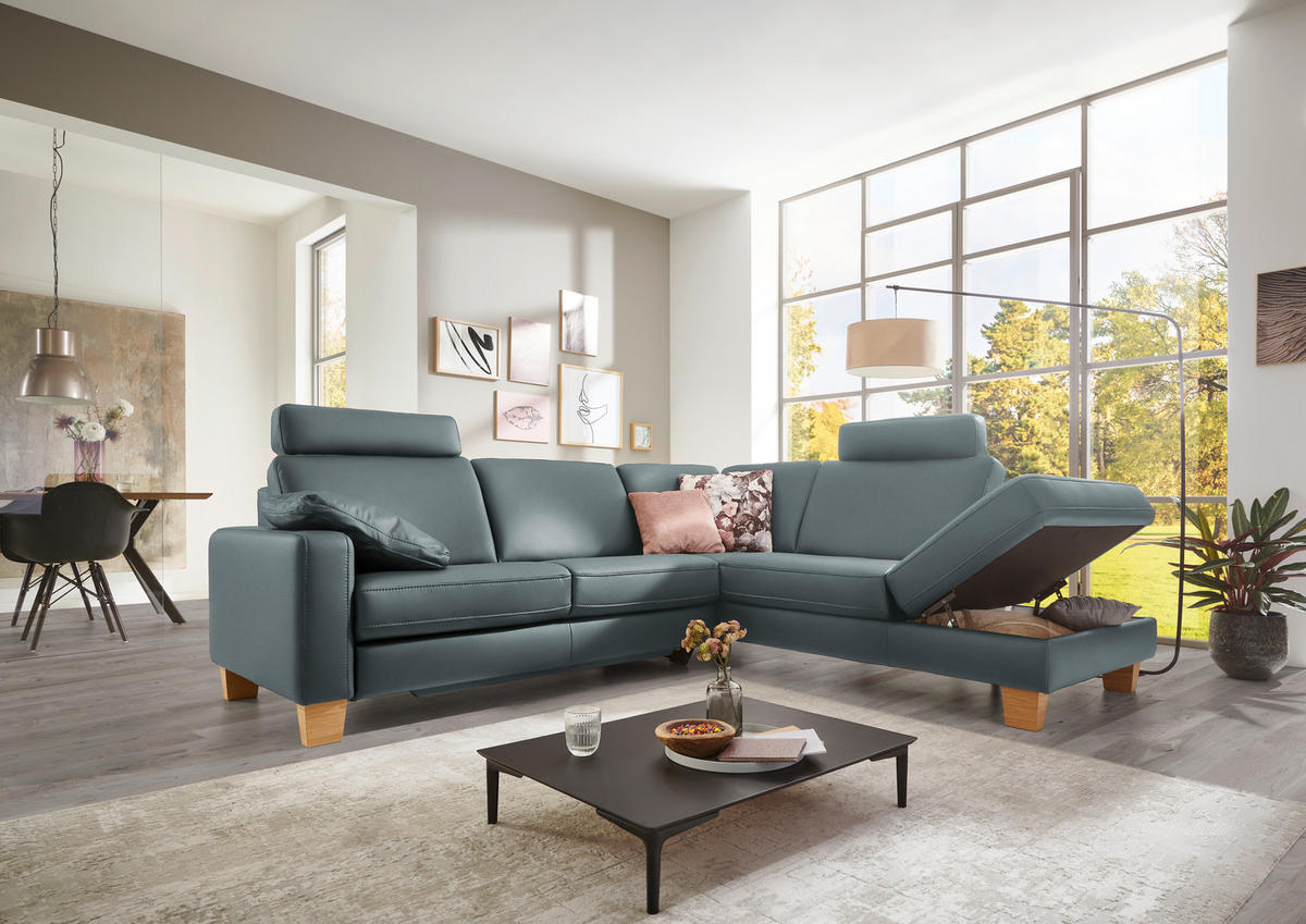 ECKSOFA in Echtleder Blaugrau  - Eiche Bianco/Blaugrau, Konventionell, Leder/Holz (257/235cm) - Valdera