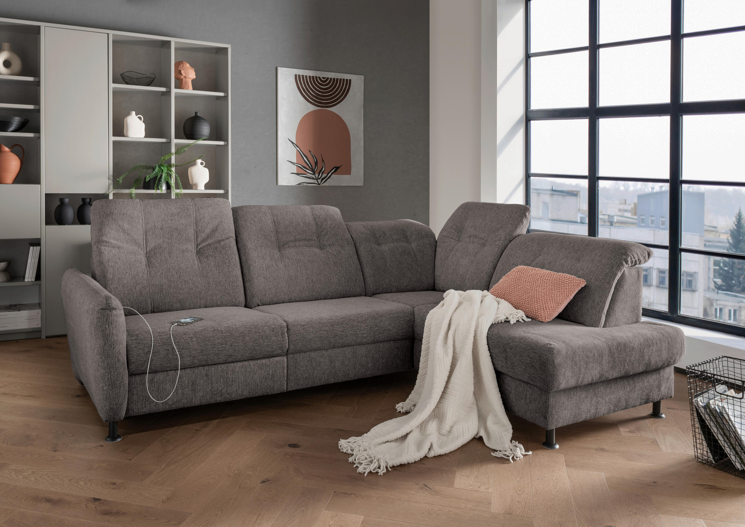 ECKSOFA in Chenille Graubraun  - Graubraun/Schwarz, Modern, Textil/Metall (270/198cm) - Livetastic