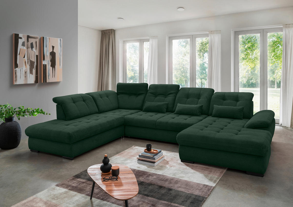 WOHNLANDSCHAFT in Cord Dunkelgrün  - Dunkelgrün/Schwarz, Modern, Textil/Metall (252/387/184cm) - Livetastic