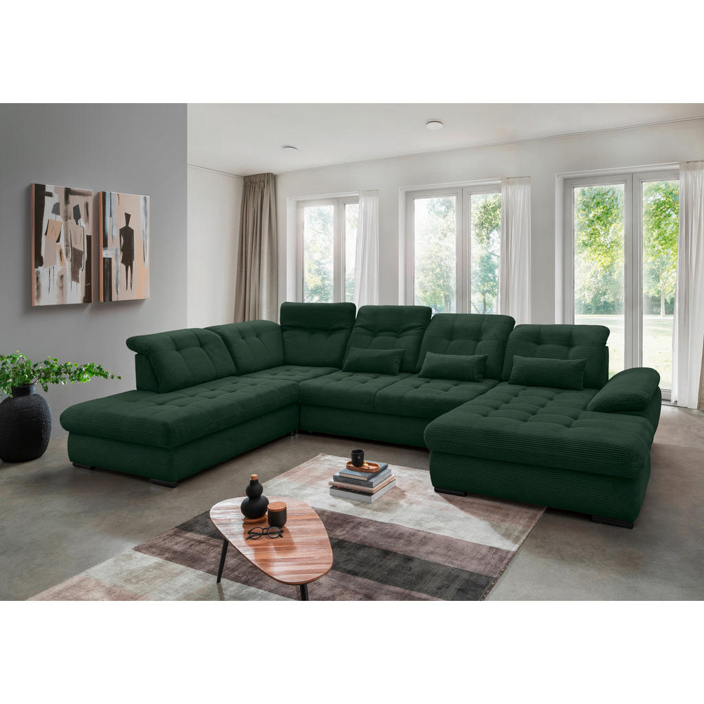 Thumbnail - Livetastic Wohnlandschaft, Dunkelgrün, Textil, Uni, 7-Sitzer, Füllung: Schaumstoff, Ottomane links, U-Form, 387x252 cm, ...