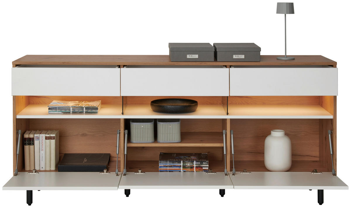 KOMODA S VRATIMA - bela/grafitno siva, Dizajnerski, staklo/drvo (190/85/45cm) - home24