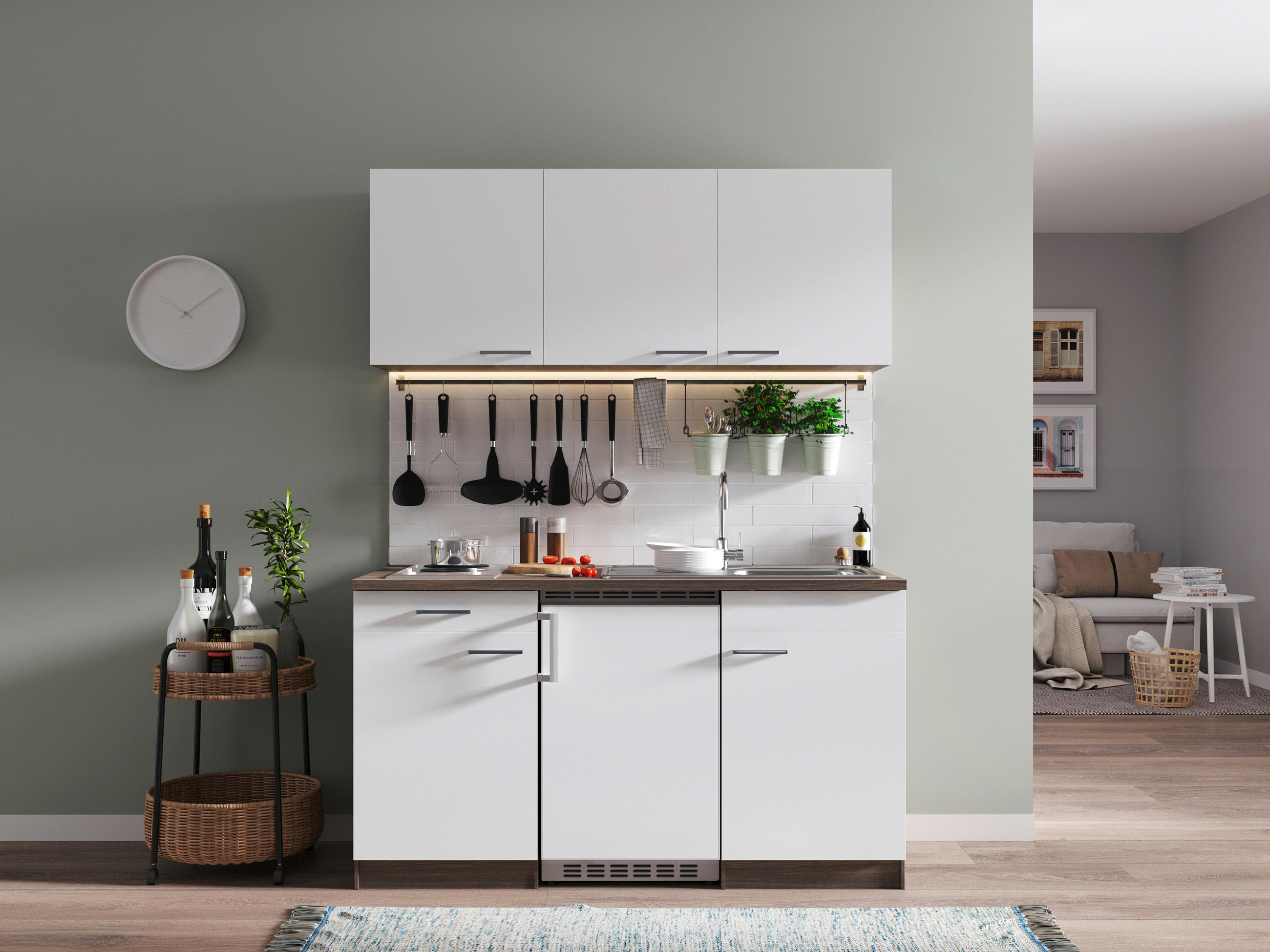 MINIKÜCHE 150 cm   in Weiß  - Eichefarben/Alufarben, Basics, Holzwerkstoff/Kunststoff (150cm) - Respekta