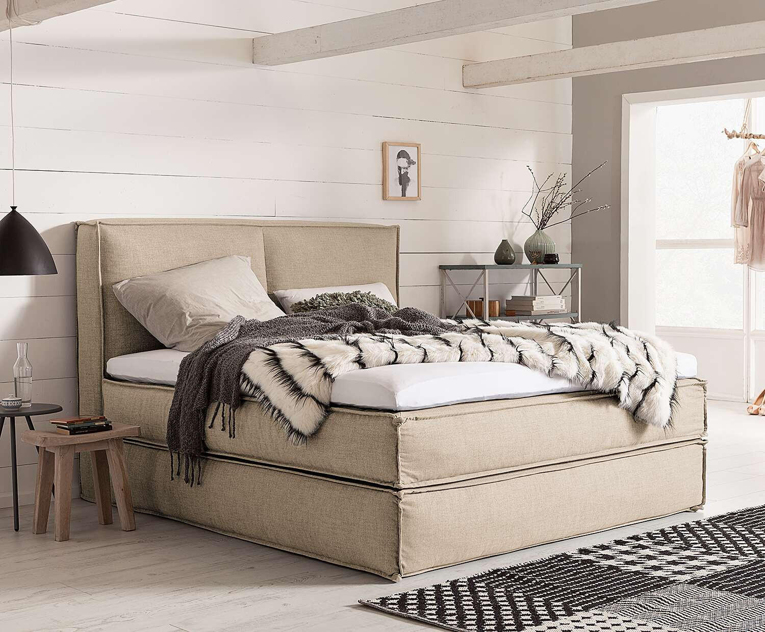 BOXSPRINGBETT 200/220 cm  in Beige  - Beige/Schwarz, Design, Kunststoff/Textil (200/220cm) - home24
