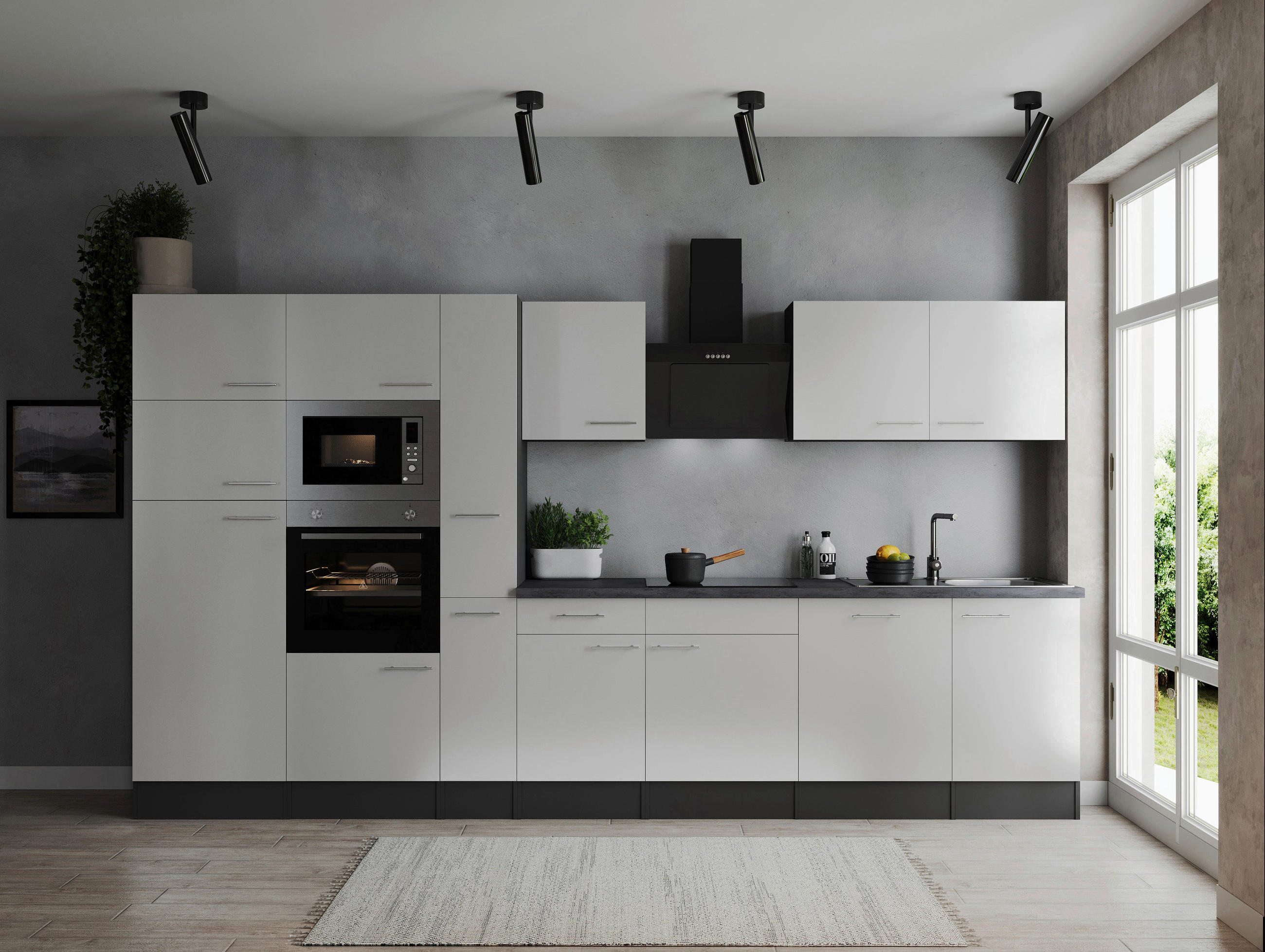 KÜCHENBLOCK 370 cm   in Grau, Weiß  - Silberfarben/Weiß, Design, Holzwerkstoff/Metall (370cm) - Respekta