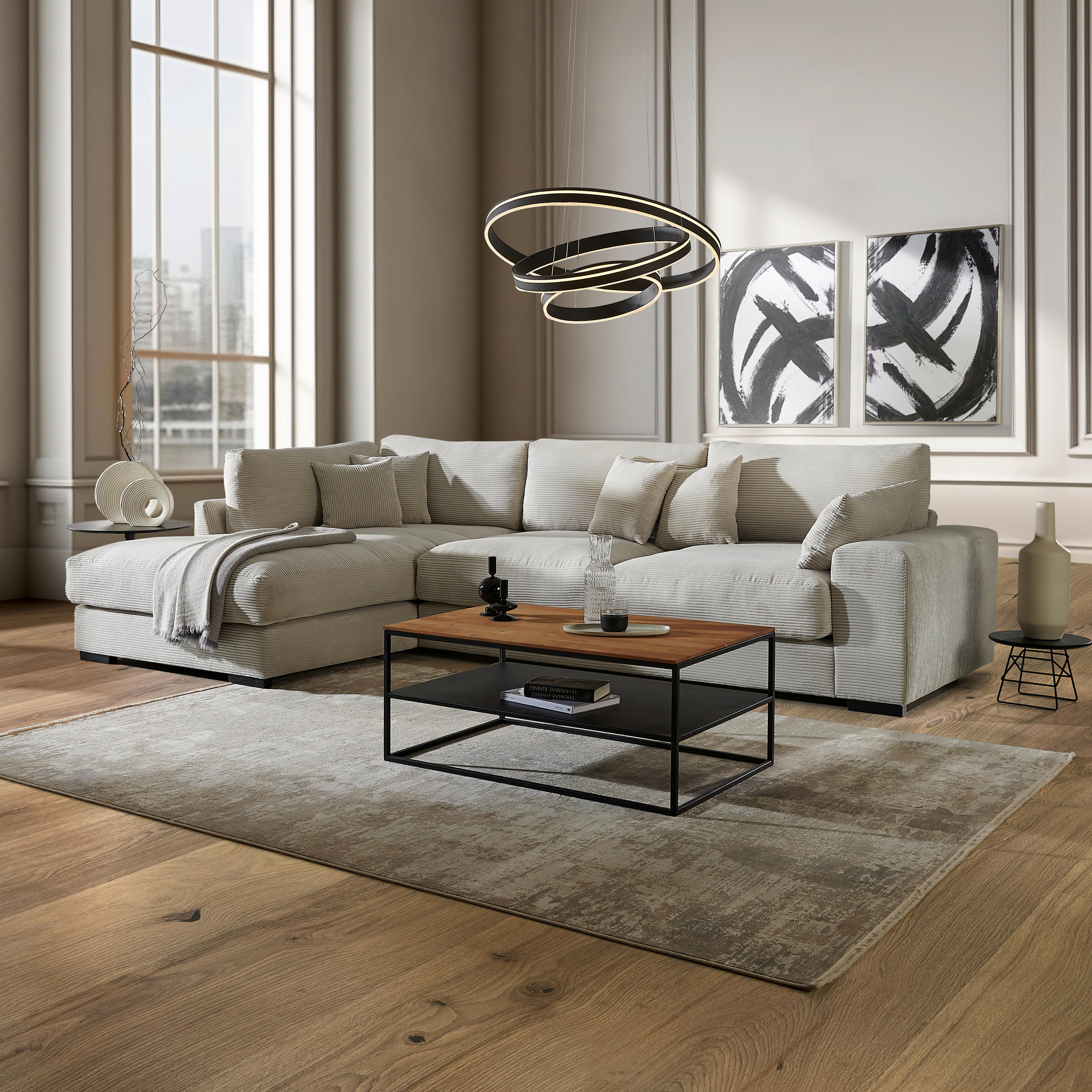 ECKSOFA in Cord Hellgrau  - Hellgrau/Schwarz, Design, Kunststoff/Textil (205/340cm) - Lomoco