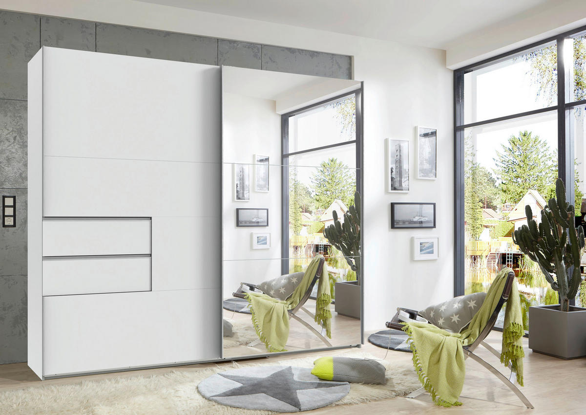SCHWEBETÜRENSCHRANK 2-türig Weiß  - Alufarben/Weiß, MODERN, Glas/Holzwerkstoff (250/216/65cm) - Stylife