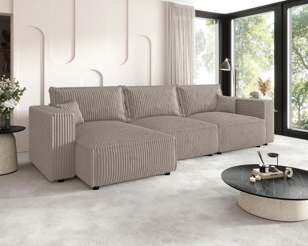 ECKSOFA Beige Cord Zierkissen, Rückenkissen, Schlaffunktion, Rücken echt  - Beige/Schwarz, MODERN, Kunststoff/Textil (350/168cm) - Xora