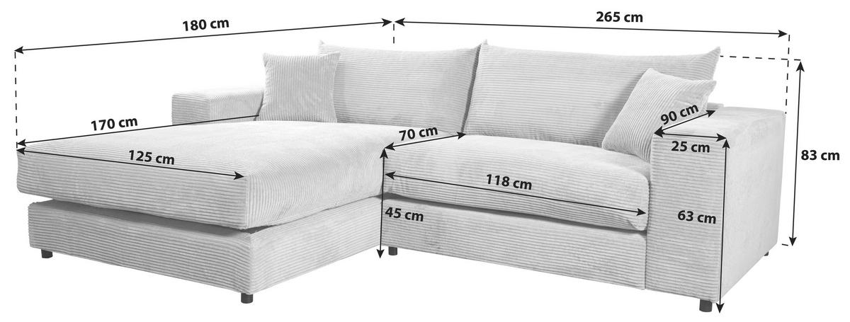 ECKSOFA FUNNY S Dunkelgrau Cord, Velours Zierkissen, Rückenkissen, Hocker  - Dunkelgrau/Schwarz, Basics, Kunststoff/Textil (180/265cm) - Livetastic