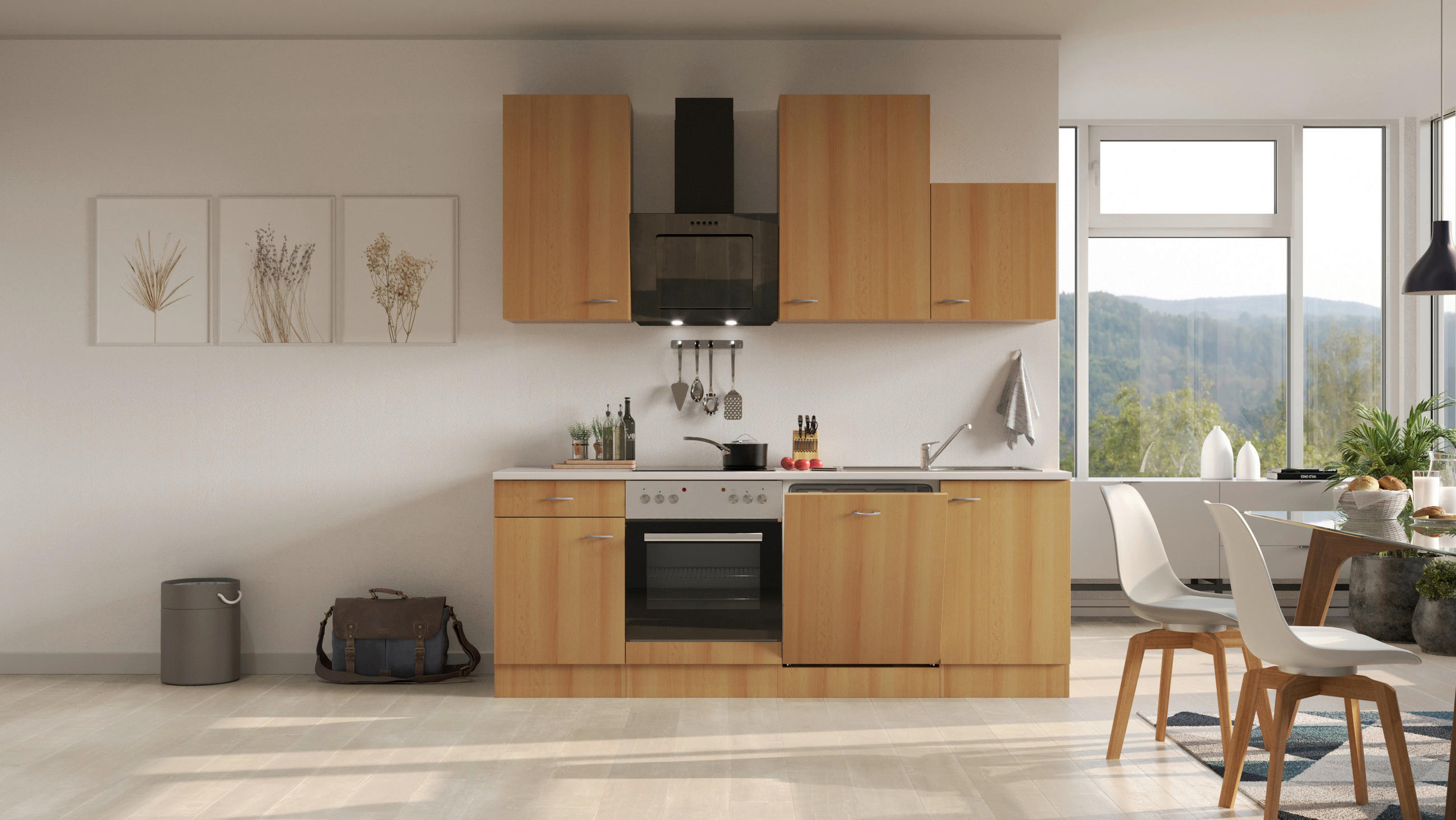 KÜCHENBLOCK 220 cm in Buchefarben - Edelstahlfarben/Beige, MODERN, Holzwerkstoff/Kunststoff (220cm) - FlexWell