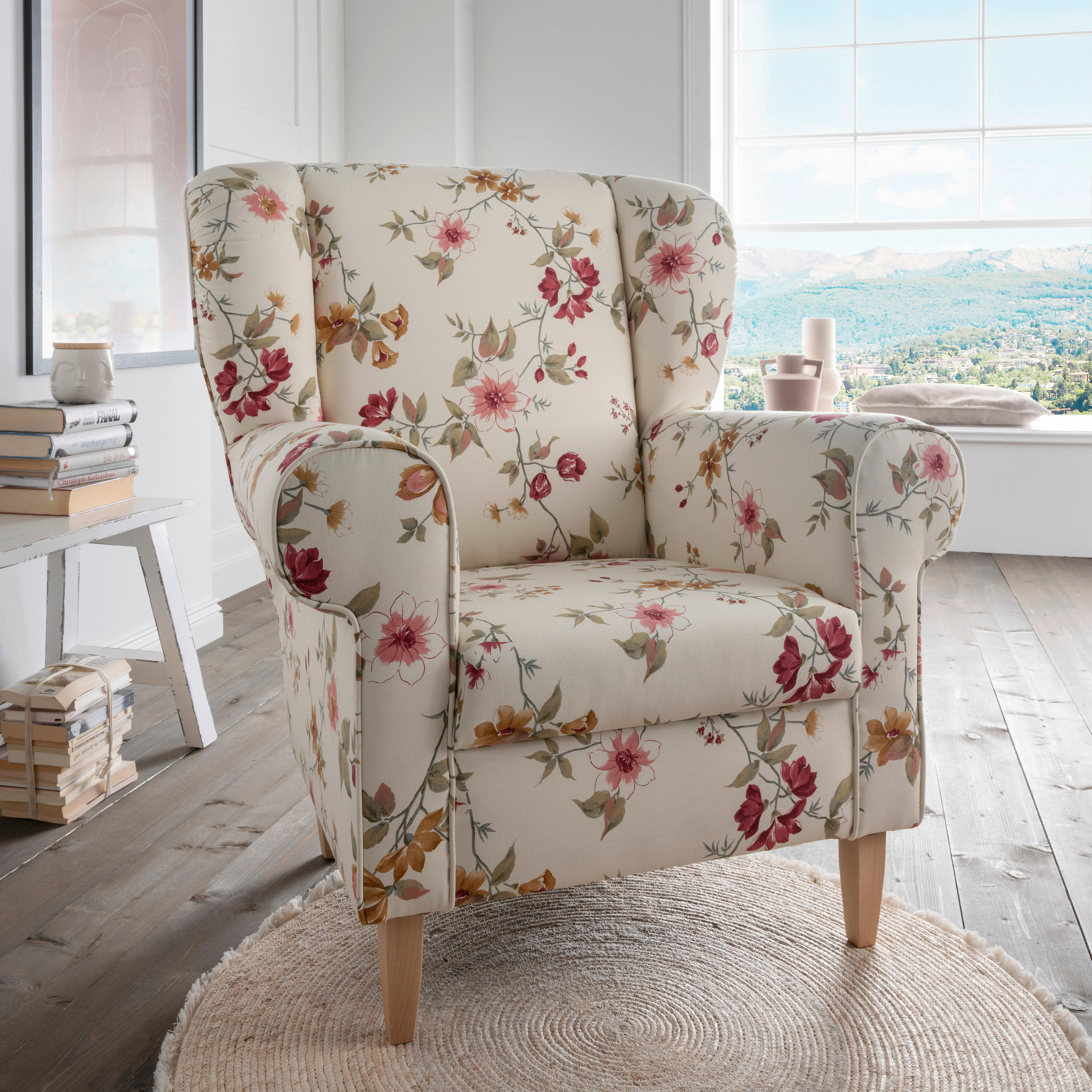 OHRENSESSEL Webstoff Rot, Buchefarben, Beige  - Beige/Rot, KONVENTIONELL, Holz/Textil (80/102/86cm) - Livetastic
