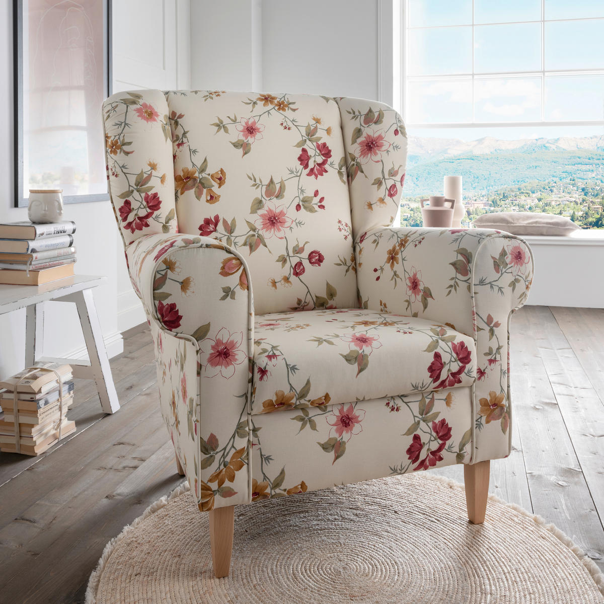 OHRENSESSEL Webstoff Rot, Buchefarben, Beige  - Beige/Rot, KONVENTIONELL, Holz/Textil (80/102/86cm) - Livetastic