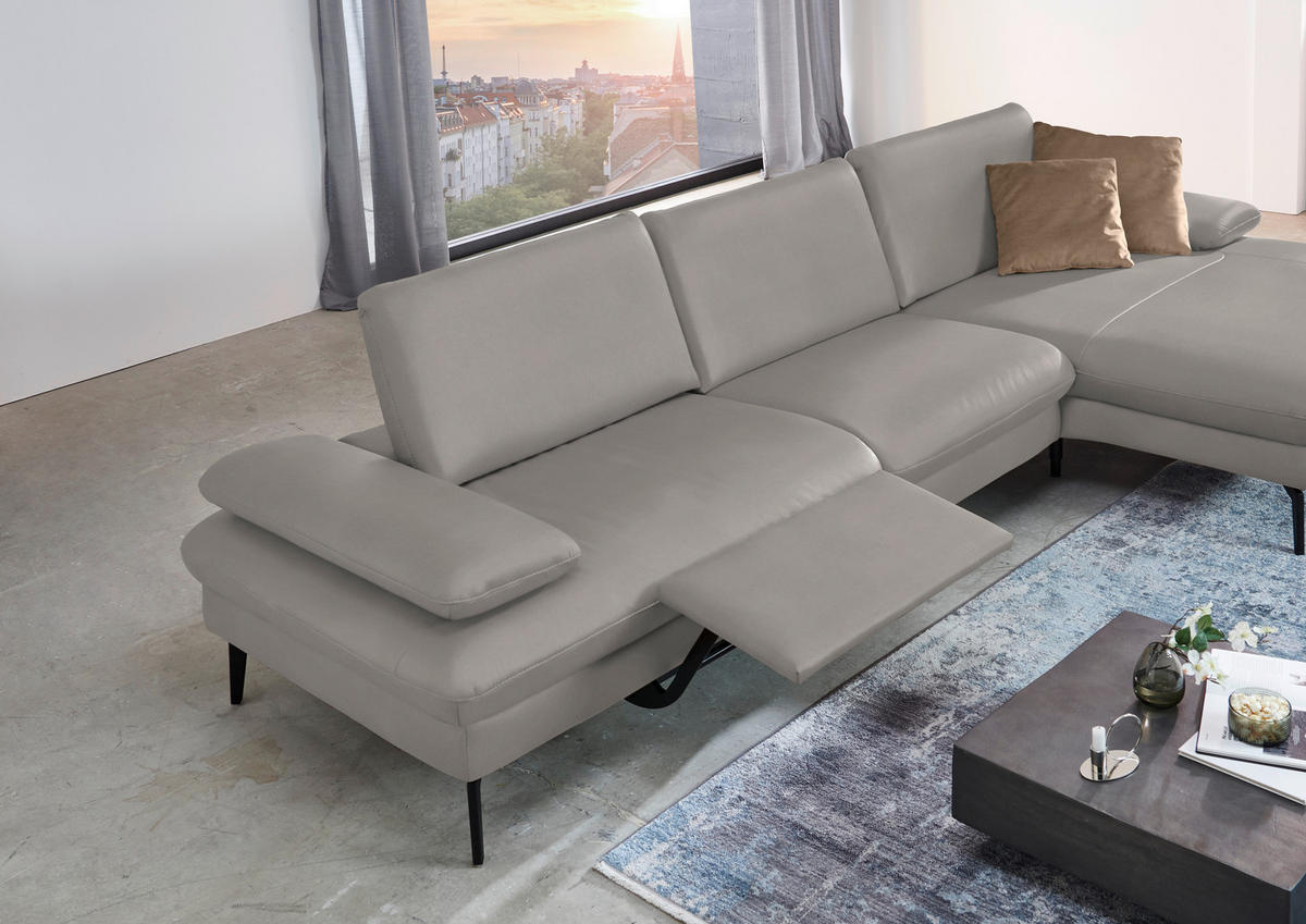 ECKSOFA in Echtleder Hellgrau  - Hellgrau/Schwarz, Design, Leder/Metall (325/157cm) - Dieter Knoll