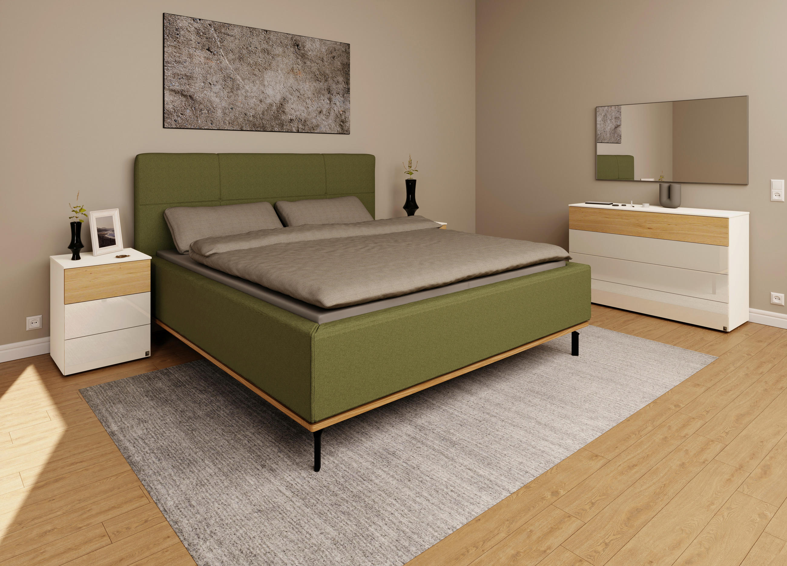 Thumbnail - Musterring Polsterbett, Dunkelgrün, Textil, Birke, Buche, massiv, H2 + H3, Höhe ca. 20 cm, 160x200 cm, Reach, atmungsakt...