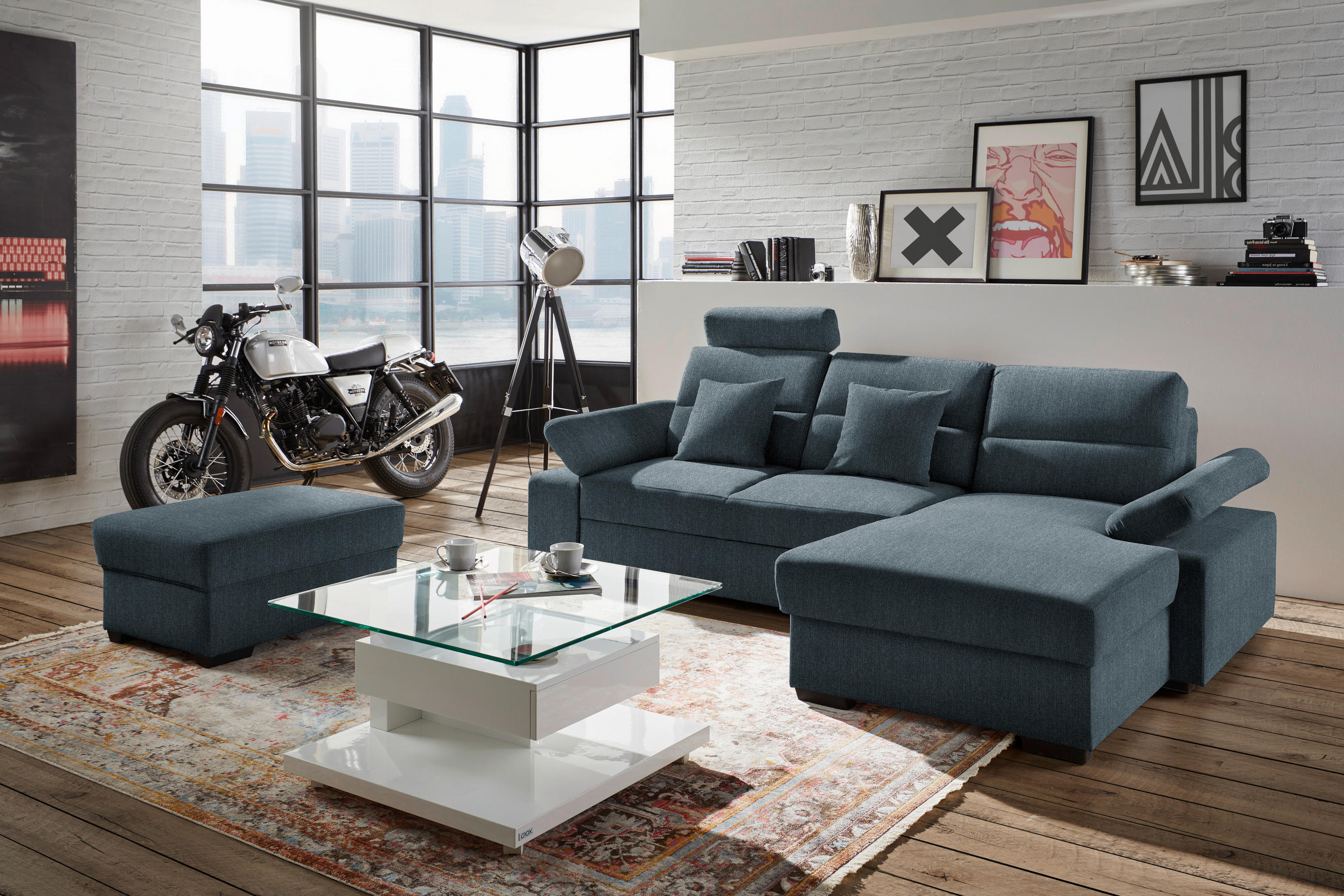 ECKSOFA Blau Webstoff  - Blau/Dunkelbraun, KONVENTIONELL, Kunststoff/Textil (258/166cm) - Cantus
