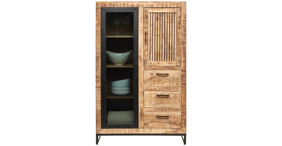 HIGHBOARD Mangoholz massiv Naturfarben, Hellbraun  - Hellbraun/Schwarz, Design, Glas/Holz (90/142/40cm) - Carryhome