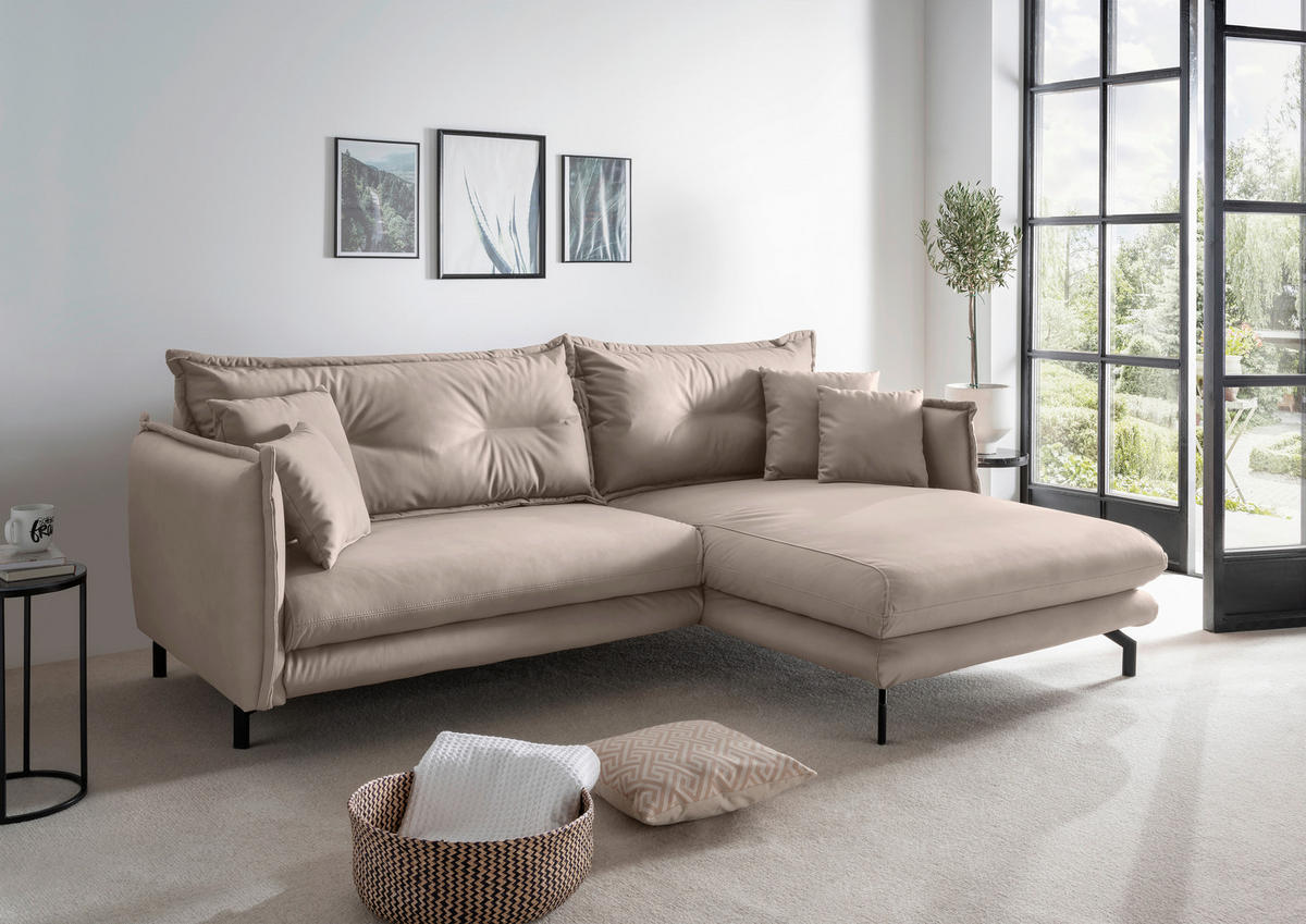 ECKSOFA in Lederlook Beige  - Beige/Schwarz, Modern, Textil/Metall (255/180cm) - Livetastic