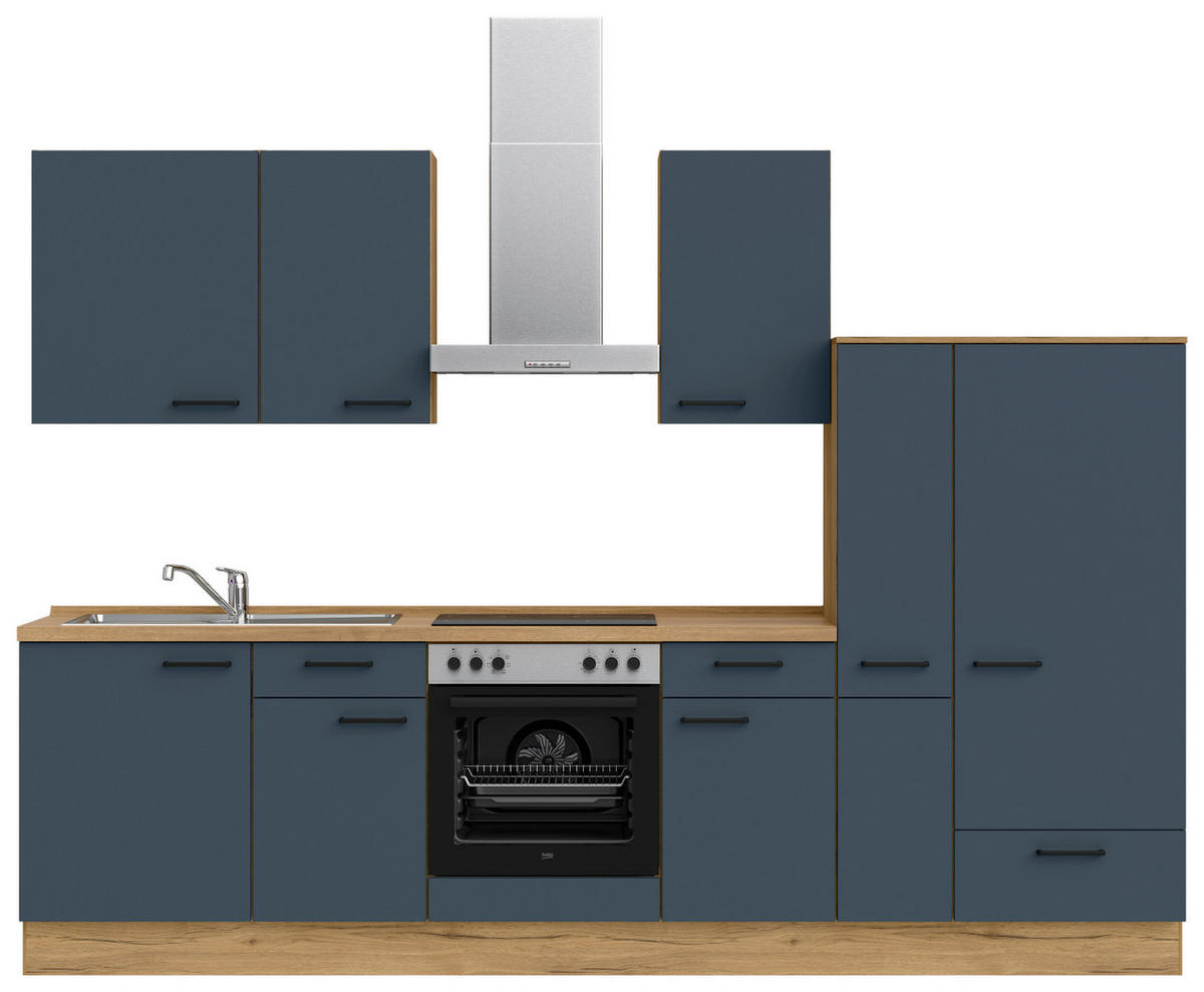 KÜCHENBLOCK Easytouch 300 cm  in Blau, Eichefarben  - Blau/Eichefarben, MODERN, Holzwerkstoff/Metall (300cm) - Nobilia