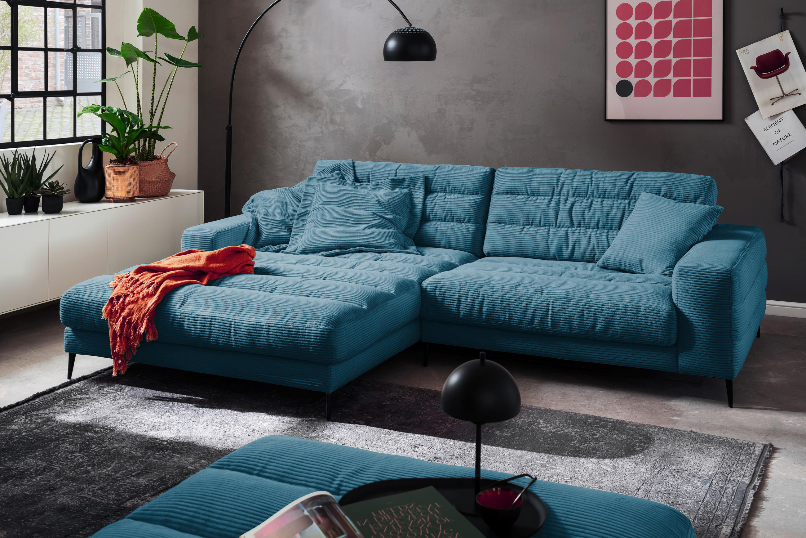 ECKSOFA in Cord Petrol  - Petrol/Schwarz, Design, Textil/Metall (207/296cm) - Dieter Knoll