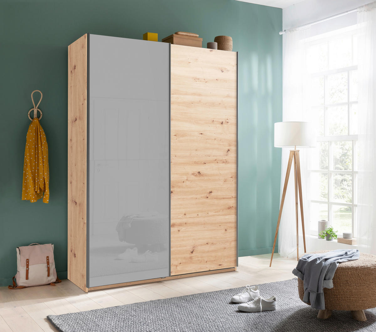 SCHWEBETÜRENSCHRANK in Grau, Eichefarben  - Dunkelgrau/Eichefarben, Modern, Holzwerkstoff/Metall (150/223/60cm) - Xora
