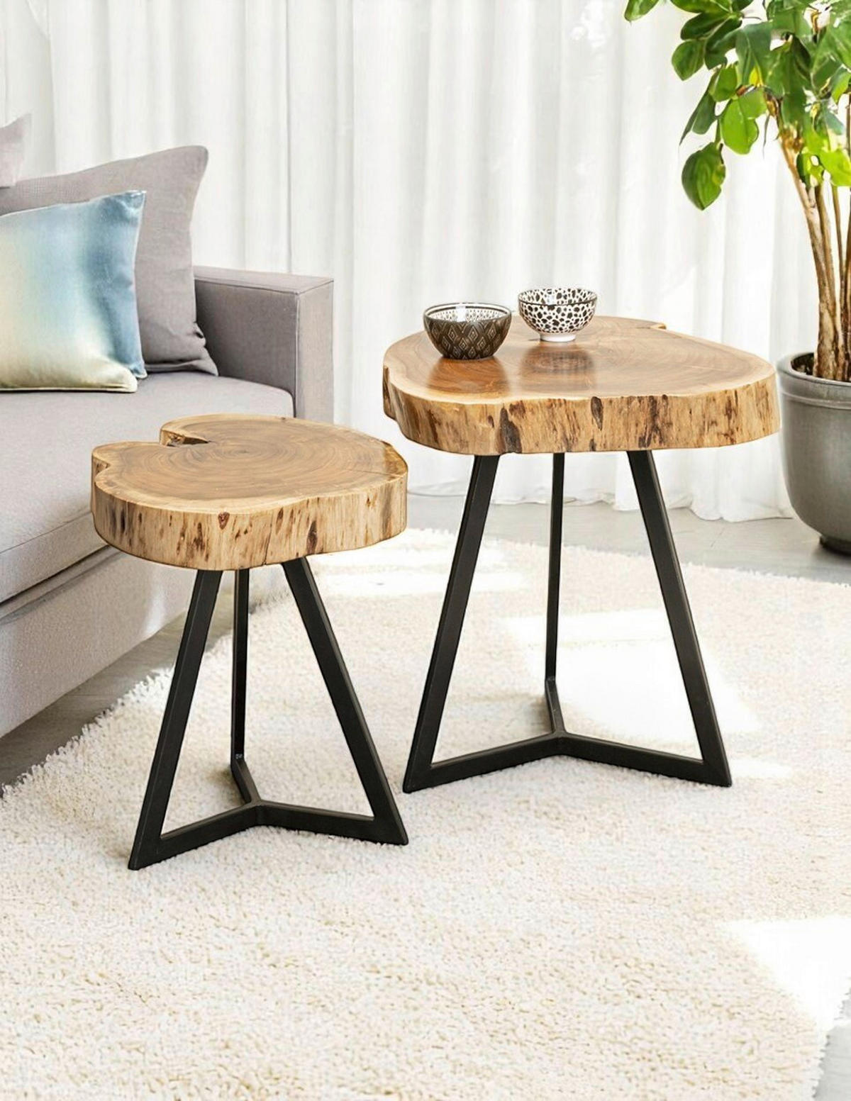 BEISTELLTISCH 50/50/45 cm Akazie massiv Schwarz, Akaziefarben rund  - Schwarz/Akaziefarben, Trend, Holz (50/50/45cm)