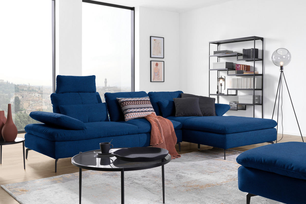 ECKSOFA in Webstoff Blau  - Blau/Schwarz, Design, Textil/Metall (301/179cm) - Chilliano