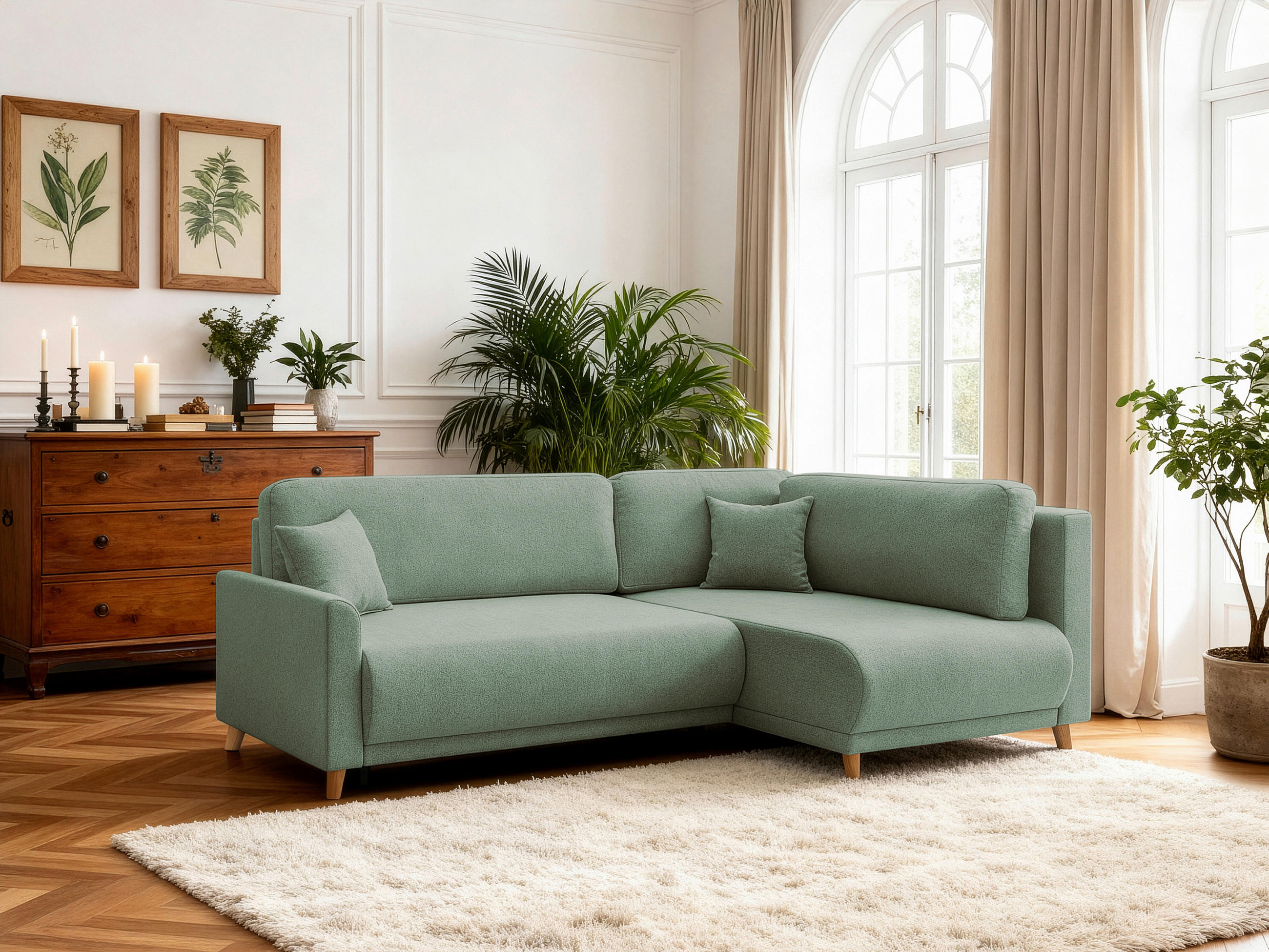 ECKSOFA MILOS Grün Flachgewebe, Struktur Rückenkissen, Bettkasten, Schlaffunktion, Rücken echt  - Naturfarben/Grün, Design, Textil (224/148cm) - P & B