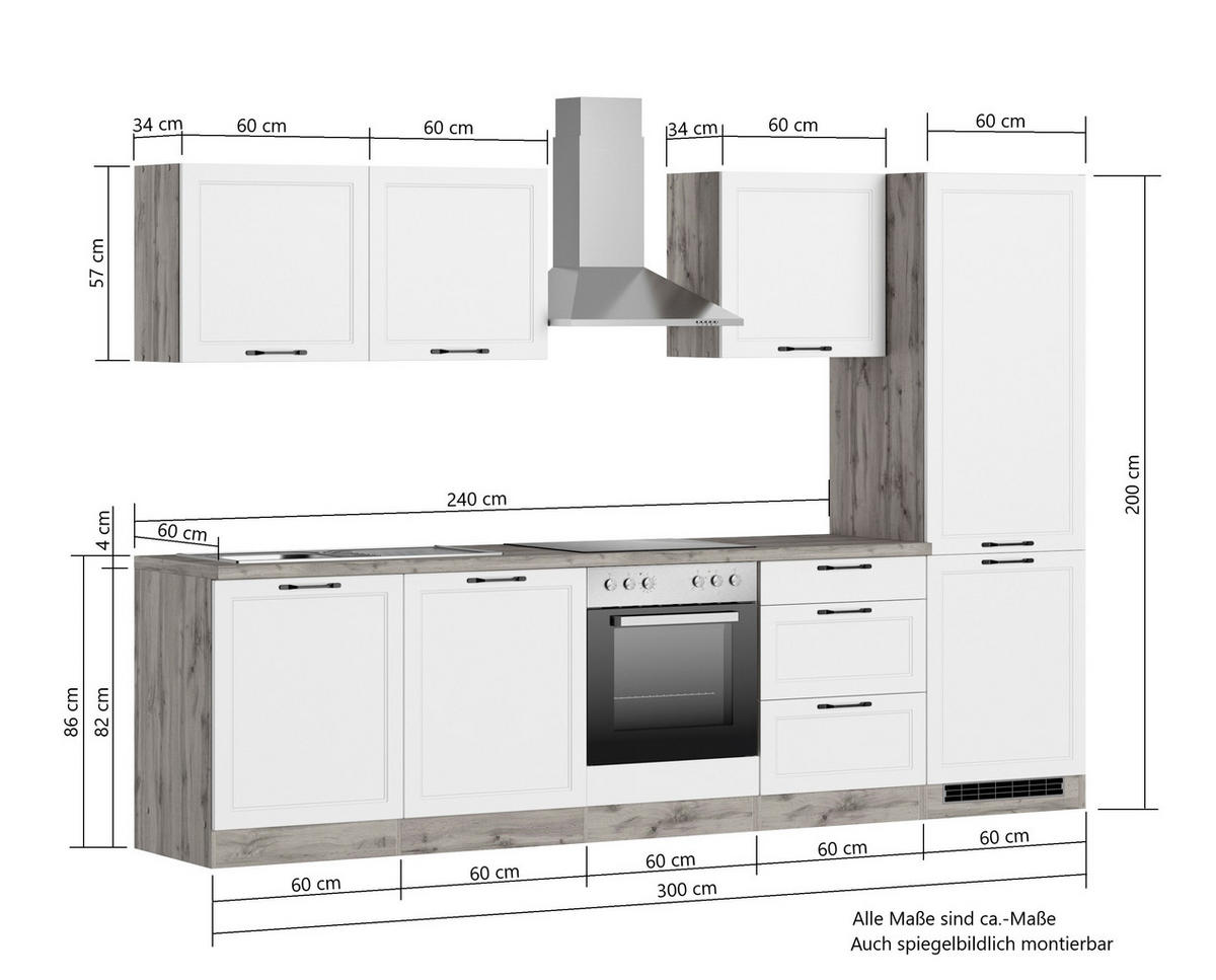 KÜCHENBLOCK 300 cm   in Grau, Eiche Wotan  - Eiche Wotan/Schwarz, Lifestyle, Holzwerkstoff/Metall (300cm) - Held