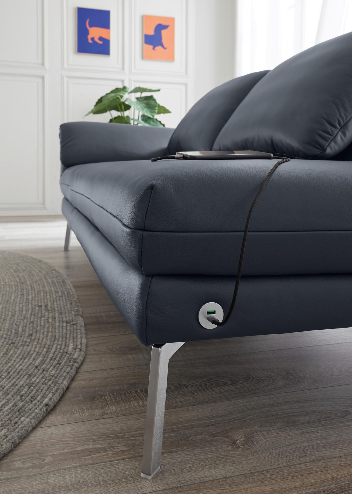 RÉCAMIERE in Echtleder Dunkelblau, Blaugrau  - Chromfarben/Blaugrau, Design, Leder/Metall (209/85-109/95-16cm) - Dieter Knoll