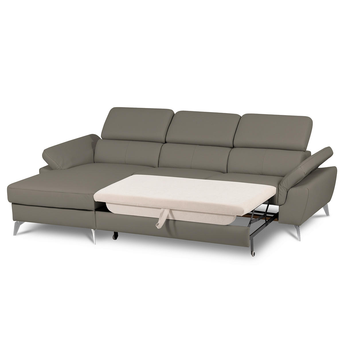 ECKSOFA Schlammfarben Echtleder Lederlook Bettkasten, Schlaffunktion, Rücken echt, Armteilverstellung, Kopfteilverstellung  - Chromfarben/Schlammfarben, Design, Leder/Textil (179/252cm) - Livetastic