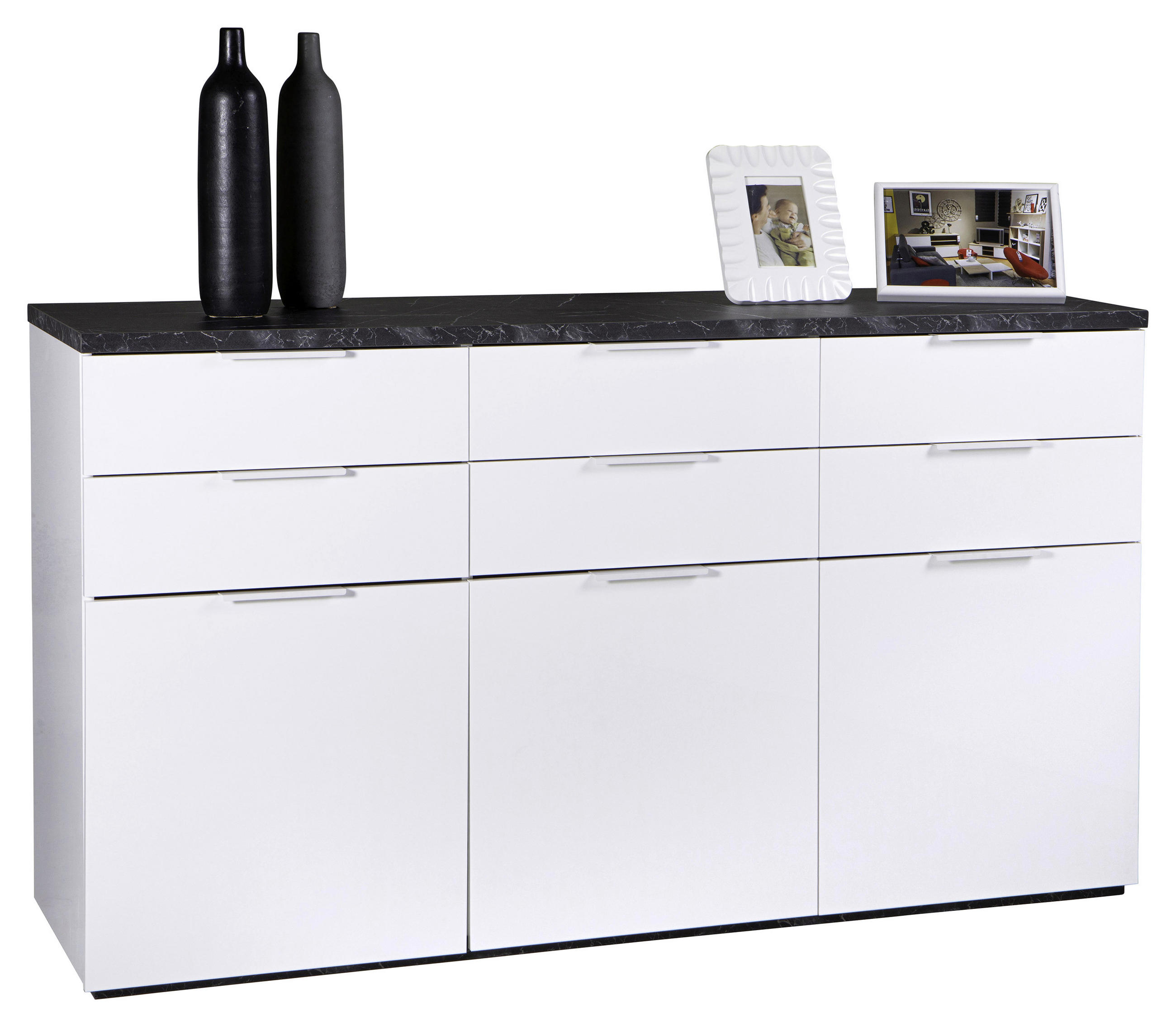 KOMODA, siva, bela  - siva/barve hrasta, Basics, kovina/leseni material (180/102/50cm) - Carryhome