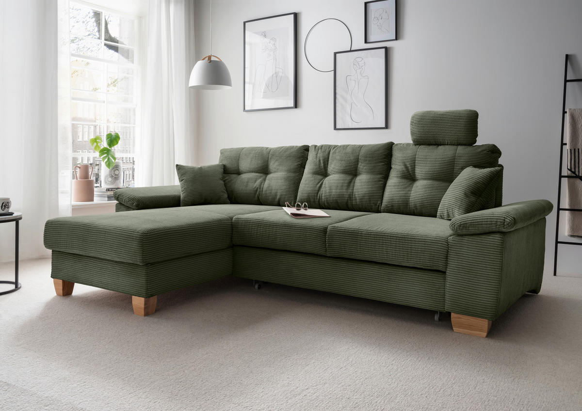 ECKSOFA in Cord Dunkelgrün  - Dunkelgrün/Naturfarben, Modern, Holz/Textil (176/270cm) - Livetastic