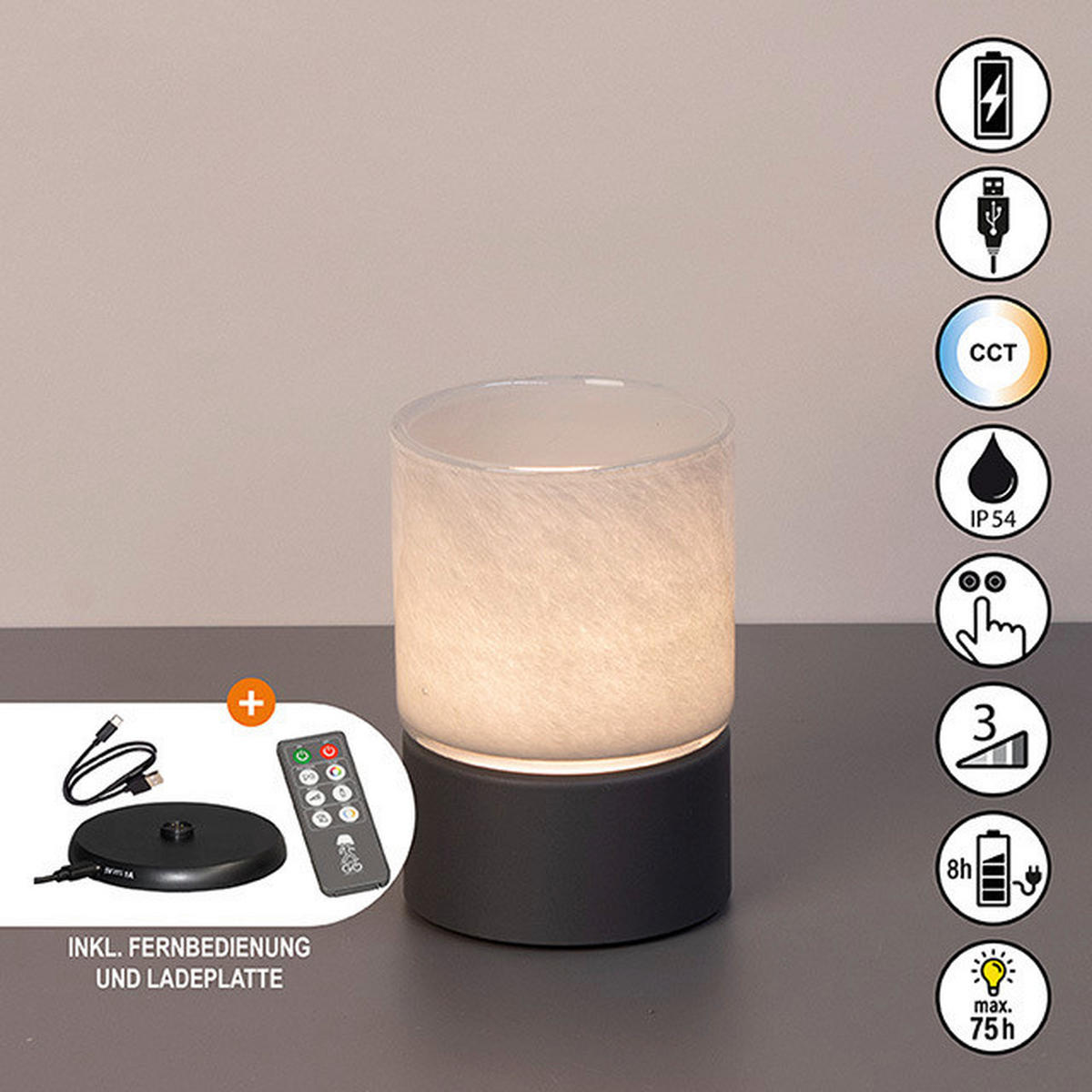 AKKU-TISCHLEUCHTE Ariva Pro 9,5/14,5 cm  - Graubraun/Hellgrau, Design, Glas/Metall (9,5/14,5cm)