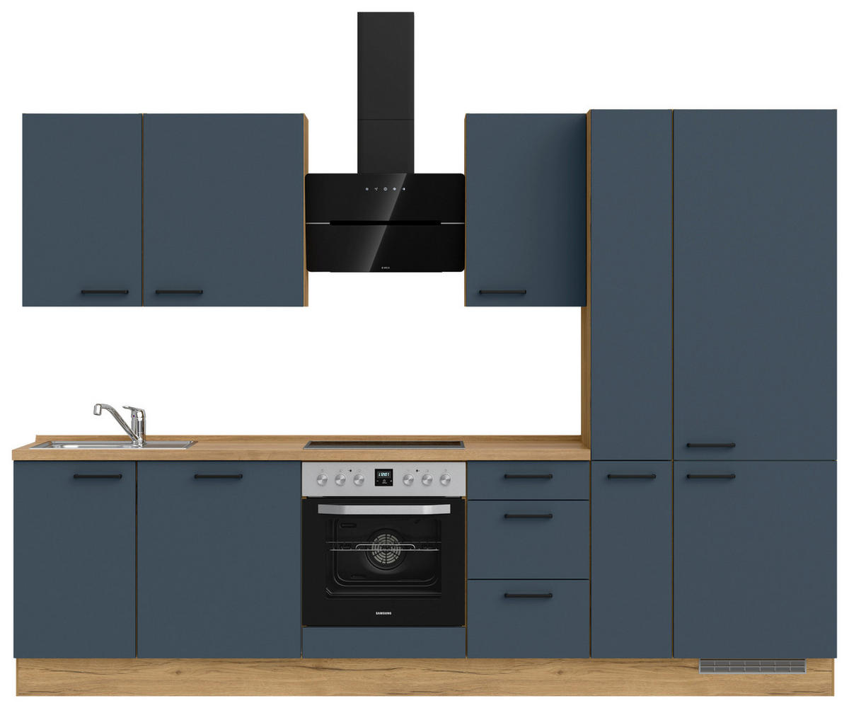 KÜCHENBLOCK 300 cm   in Eichefarben, Dunkelblau  - Eichefarben/Schwarz, MODERN, Holzwerkstoff/Metall (300cm) - Nobilia