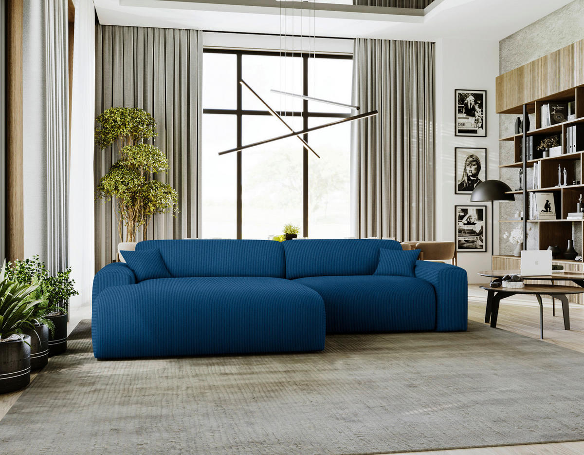 ECKSOFA Blau Velours, Feincord  - Blau/Schwarz, Design, Kunststoff/Textil (178/292cm) - home24