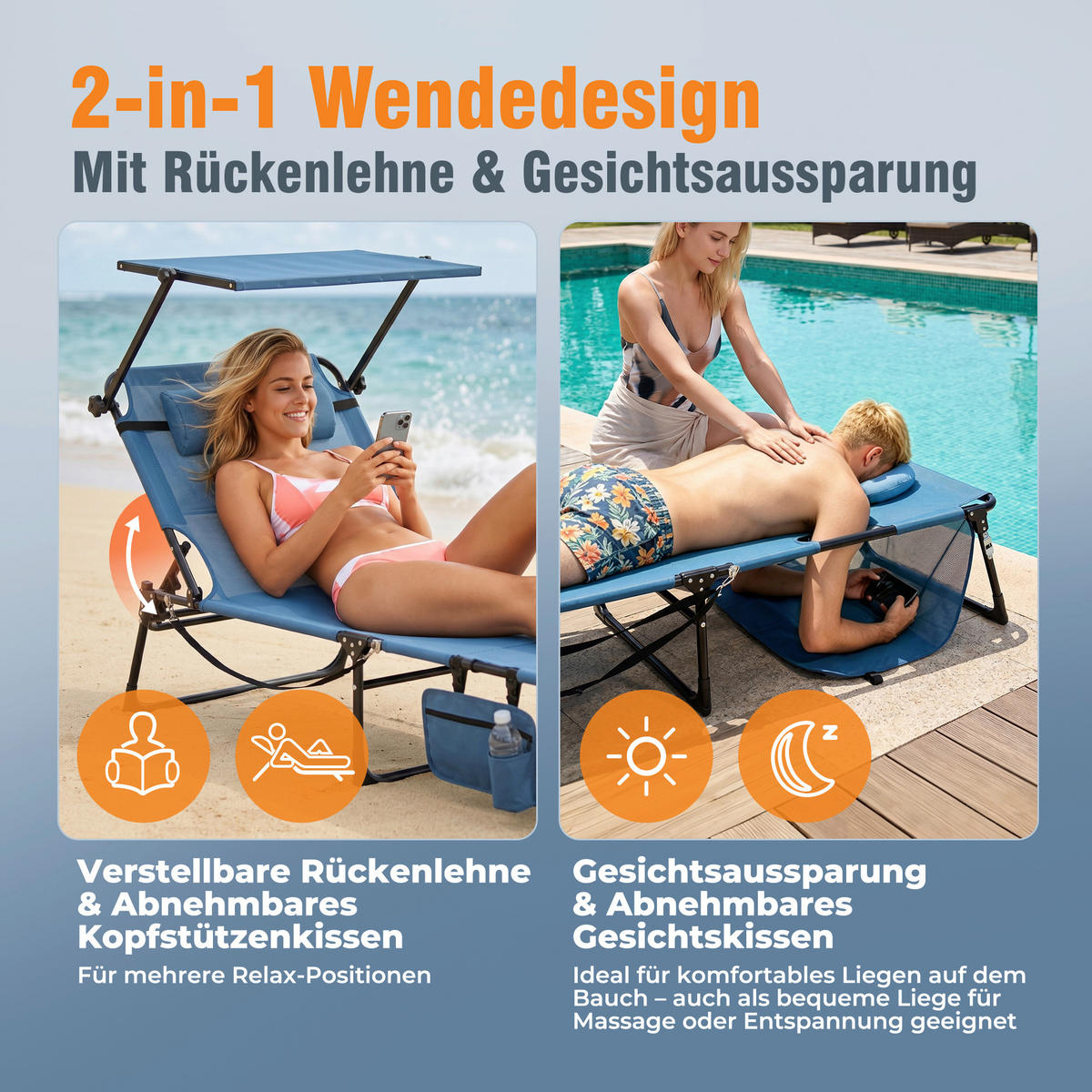 SONNENLIEGE 200/34/70 cm  - Blau/Dunkelgrau, Basics, Textil/Metall (200/34/70cm) - Modante