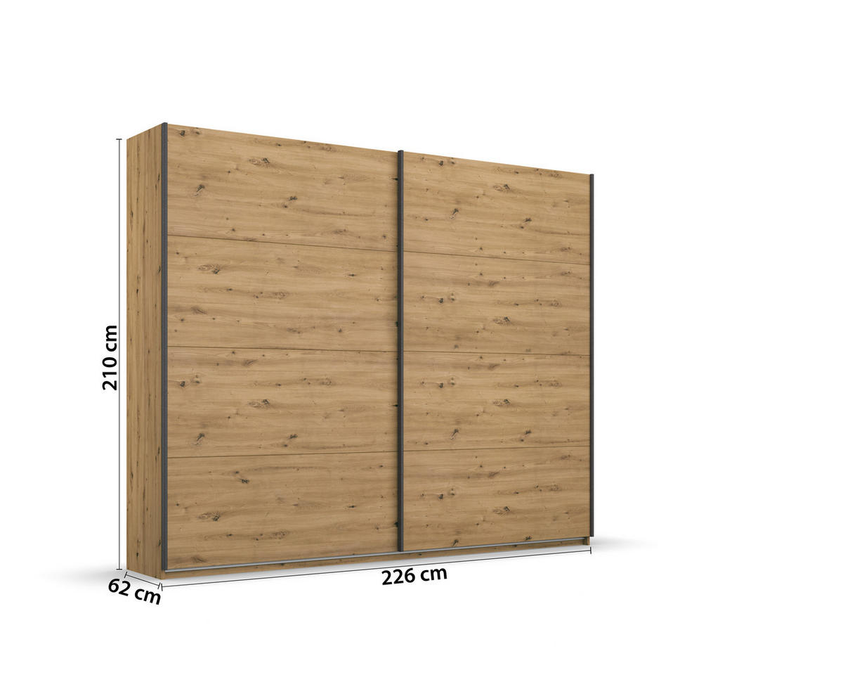 GARDEROB MED SKJUTDÖRRAR 226/210/62 cm 2-dörrar - ek Artisan/grå, Modern, metall/trämaterial (226/210/62cm) - Rauch Möbel