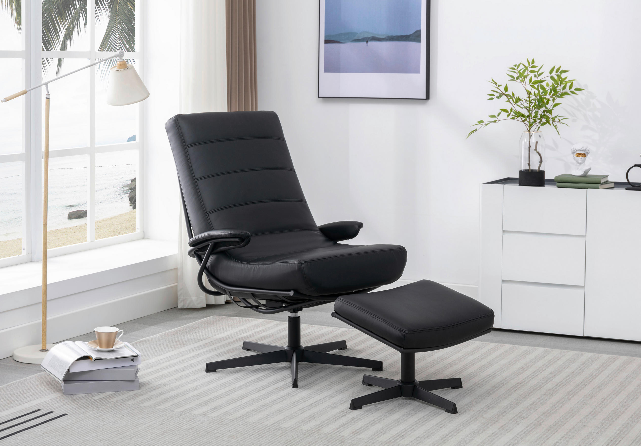 RELAXSESSELSET Lederlook    - Schwarz, Design, Textil/Metall (68/101/85cm) - Livetastic