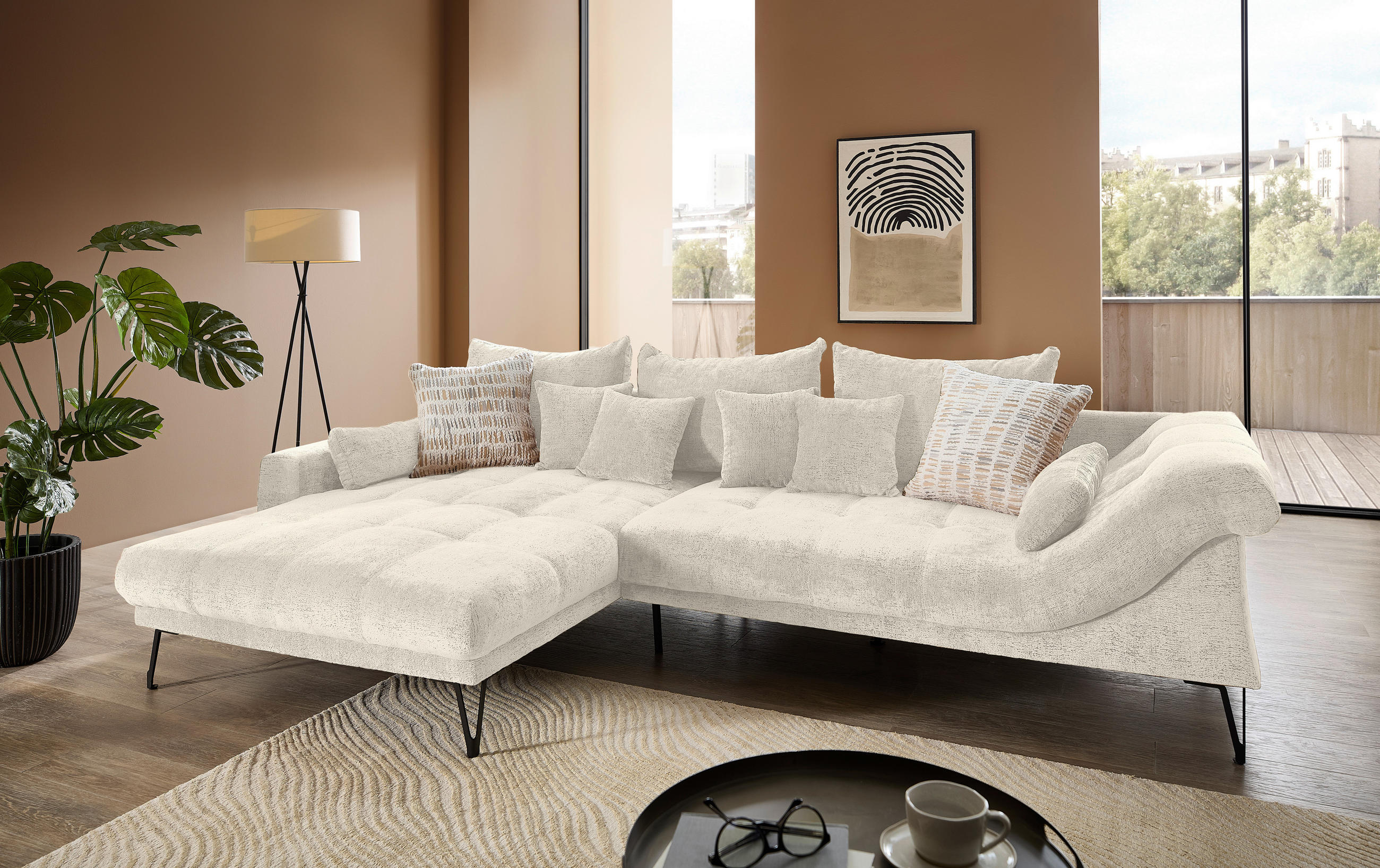 ECKSOFA Chenille Creme  - Creme/Schwarz, Konventionell, Textil/Metall (192/310cm) - Livetastic