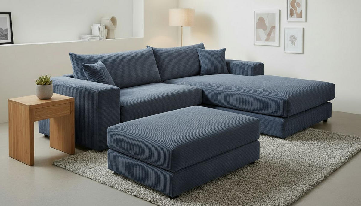 ECKSOFA  Cord, Velours Blau  - Blau/Schwarz, Basics, Kunststoff/Textil (265/180cm) - Livetastic