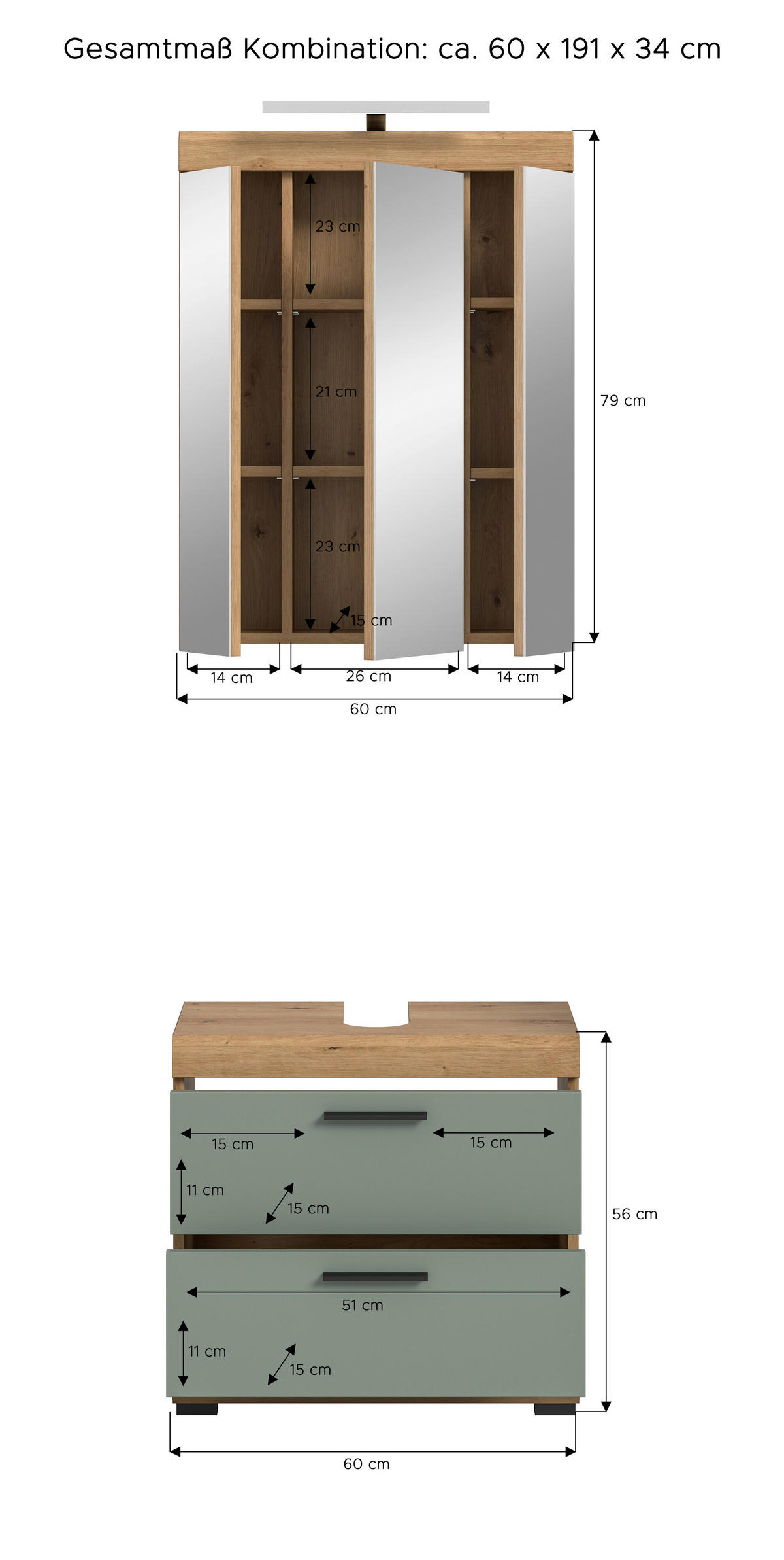 BADEZIMMER 2-teilig  in 60 cm  - Salbeigrün/Schwarz, MODERN, Glas/Holzwerkstoff (60cm) - MID.YOU
